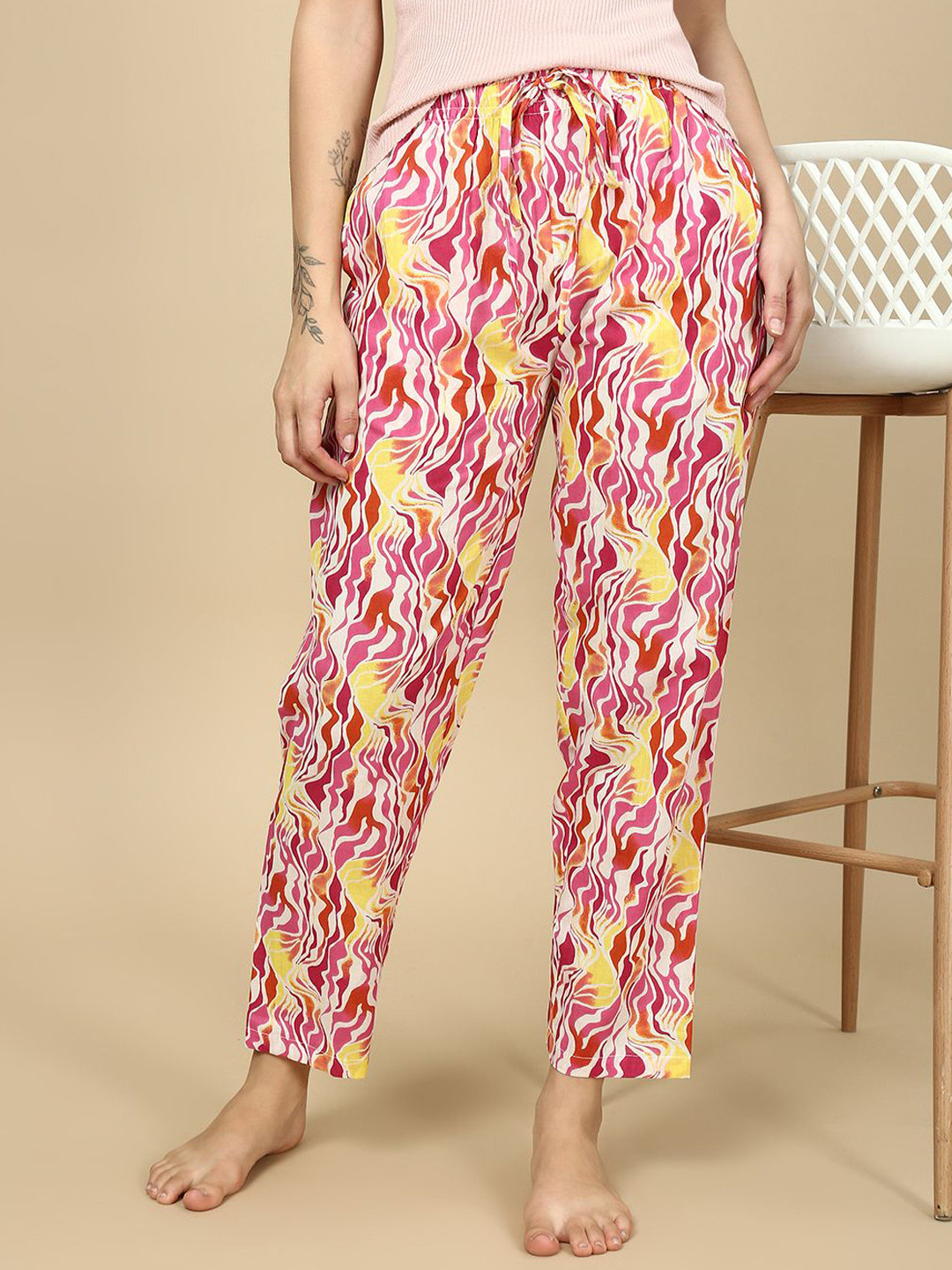 PYNK Printed Pure Cotton Straight-Leg Lounge Pants