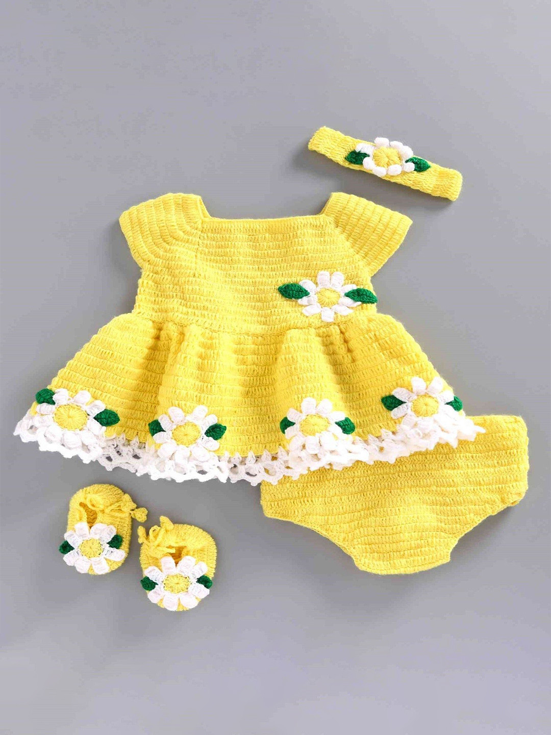 USHA ENTERPRISES Infant Girls Floral Woollen Jumper Dress With Shorts Headband & Booties