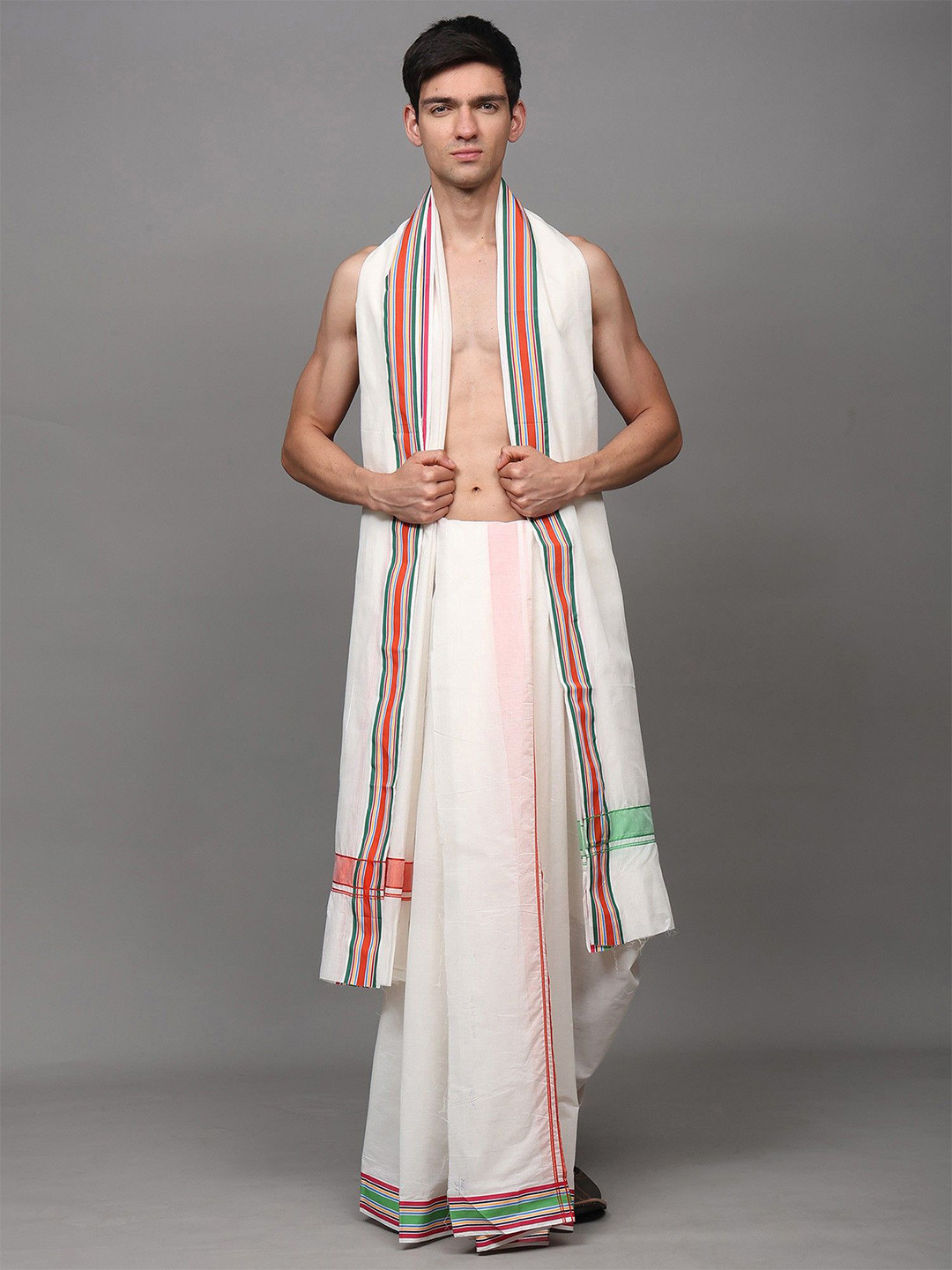 Exotic India Men Pure Cotton White Dhoti and Angavastram Set