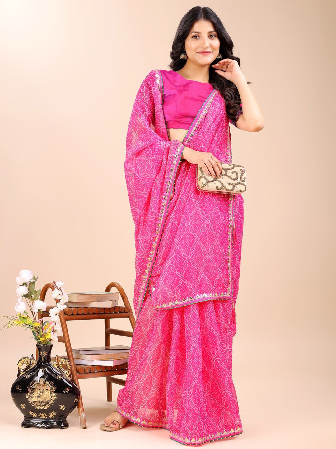 TINA FASHION Bandhani Dyed Sequinned Embellished Detail Saree