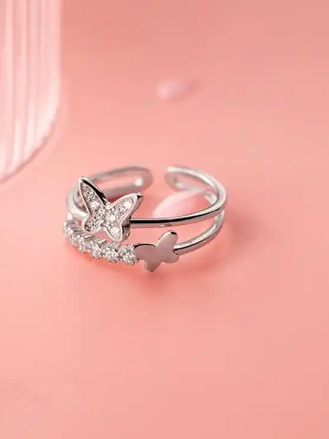 Vivity Silver-Plated Cubic Zirconia-Studded Adjustable Finger Ring