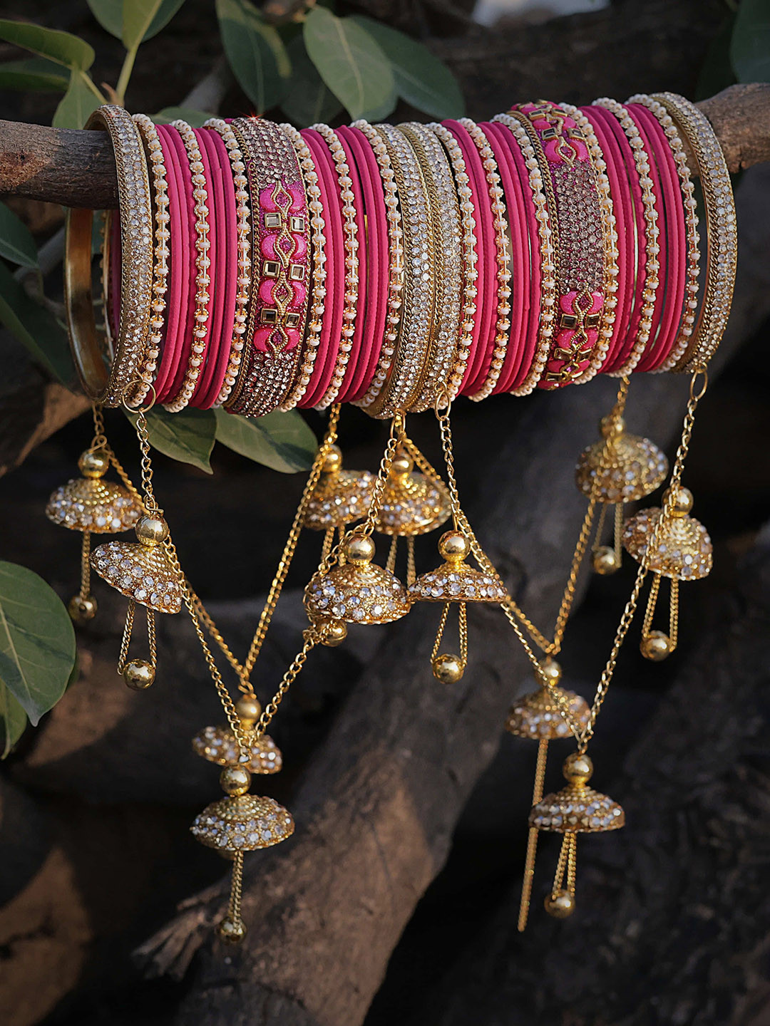Amika Set Of 42 Gold-Plated Stone-Studded Bangles