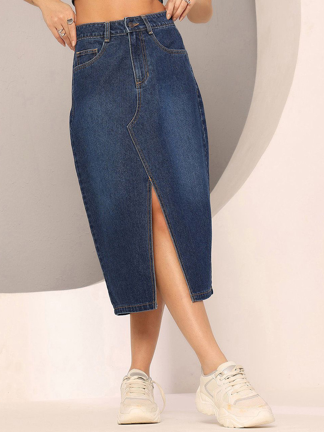 DOLCE CRUDO A-Line High-Rise Clean-Look Non-Stretchable Denim Midi Skirt