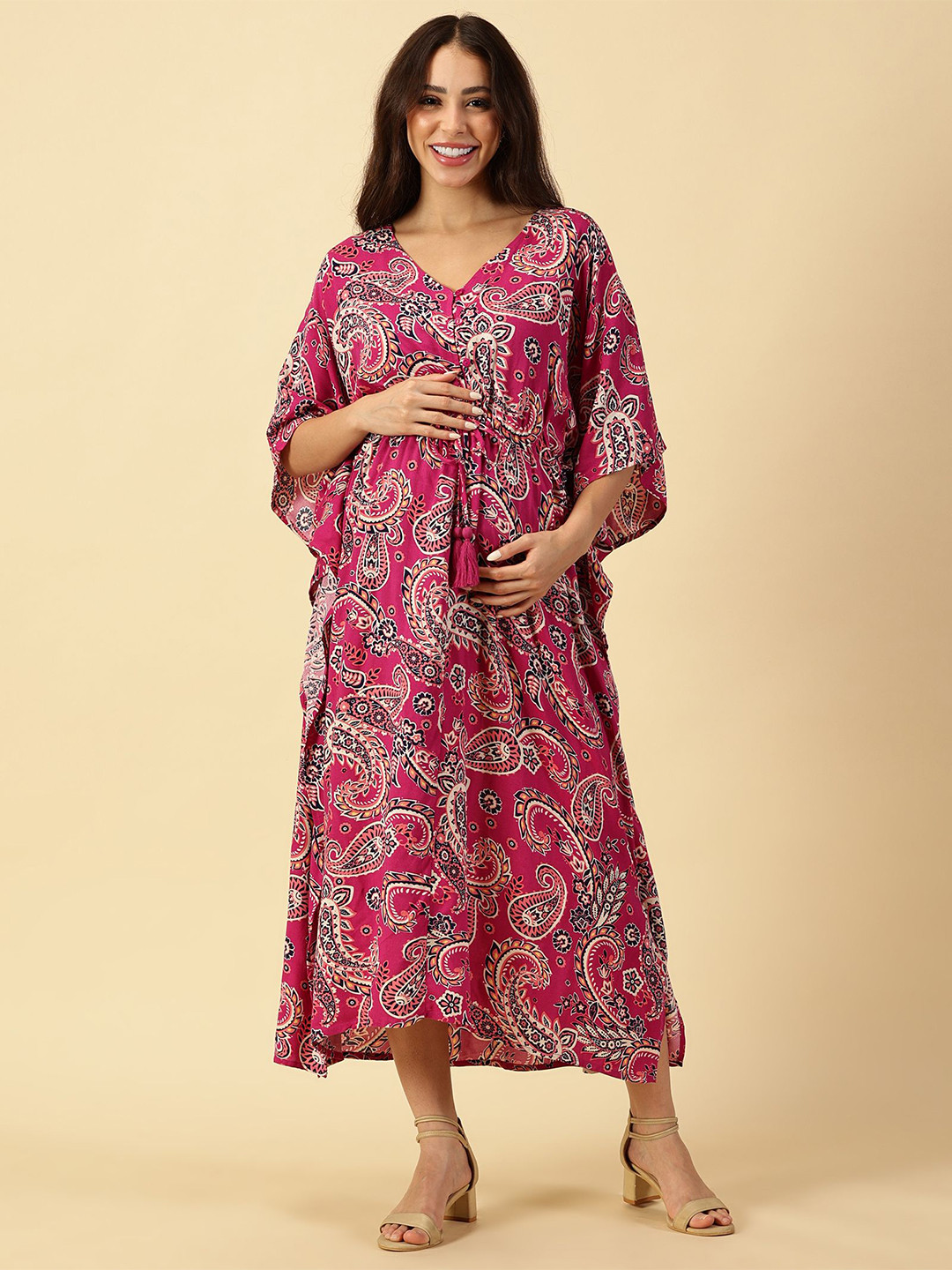 PURPLE FLAUNT Women Pink Printed Kimono Sleeve Maternity Kaftan Dress