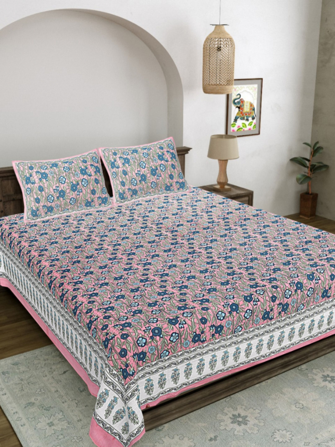 LIVING ROOTS Pink & Blue Floral Printed 300 TC Cotton King Bedsheet Set 2.43 m x 2.64 m