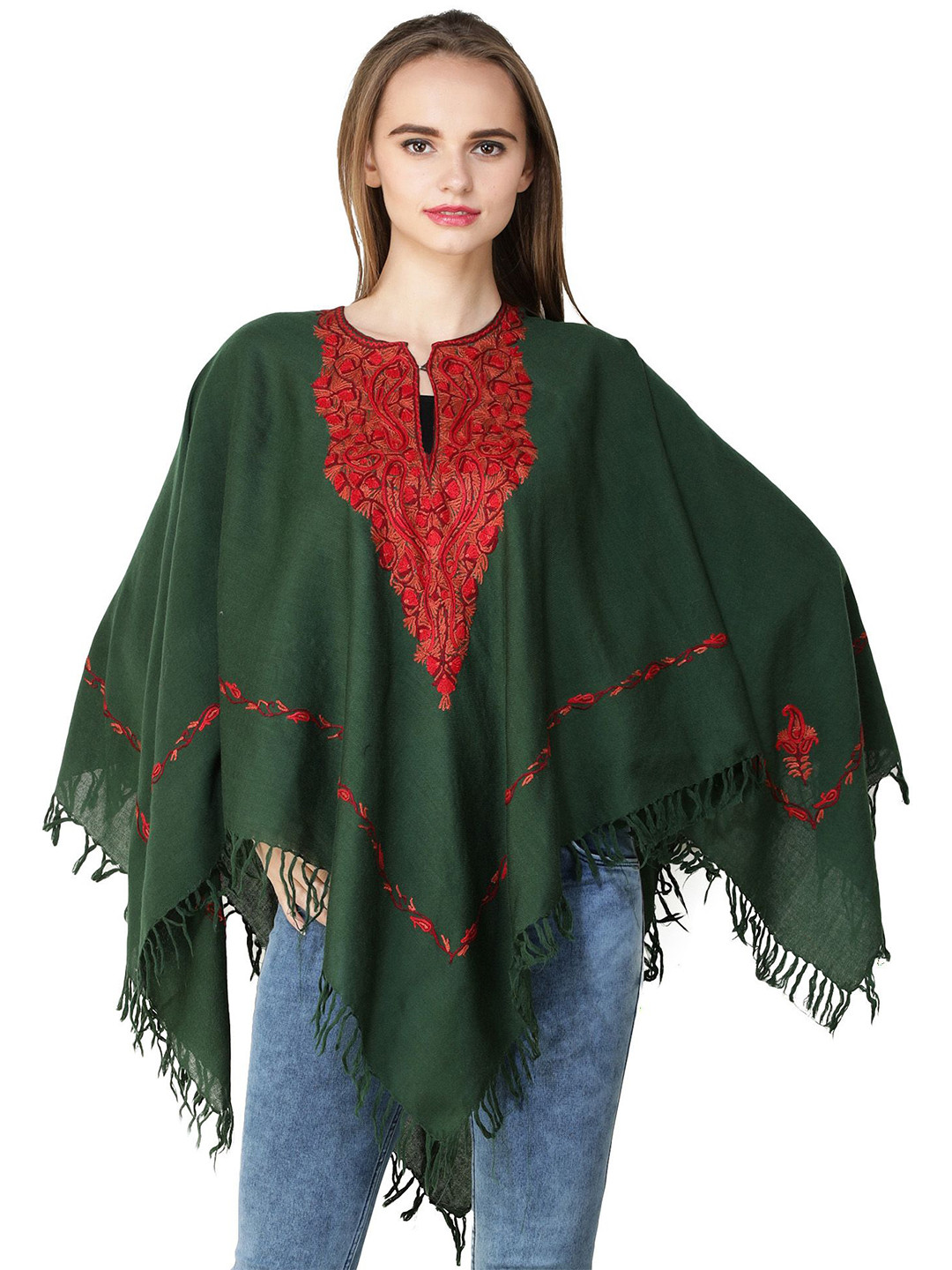 Exotic India Women Poncho from Kashmir with Aari Hand-Embroidered Paisleys on Neck