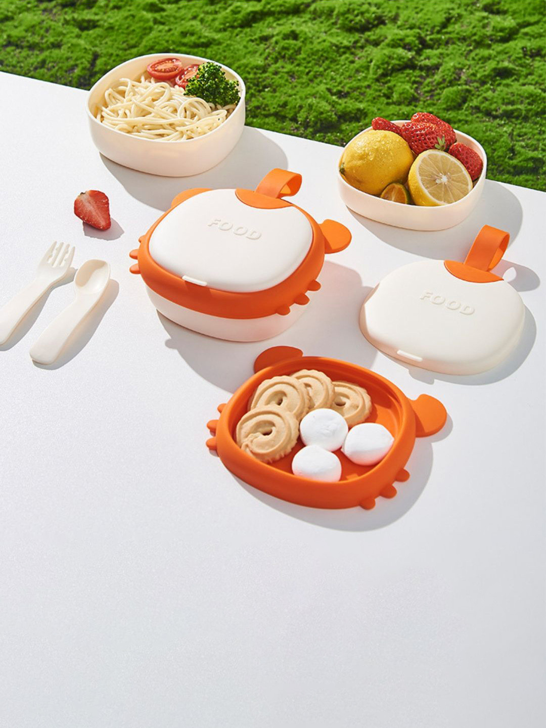 GUCHIGU Kids 6-Pcs Orange & Off White Silicone Lunch Box Baby Utensils Set