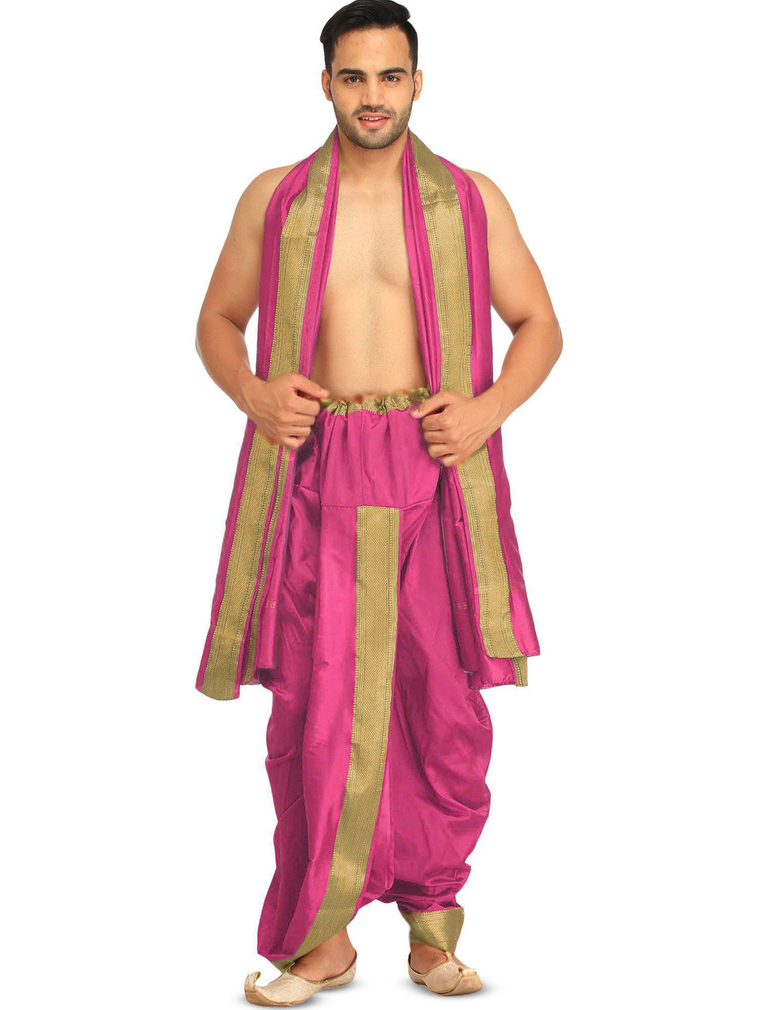 Exotic India Art Silk Dhoti and Angavastram Set with Wide Golden Border (Ready to Wear)