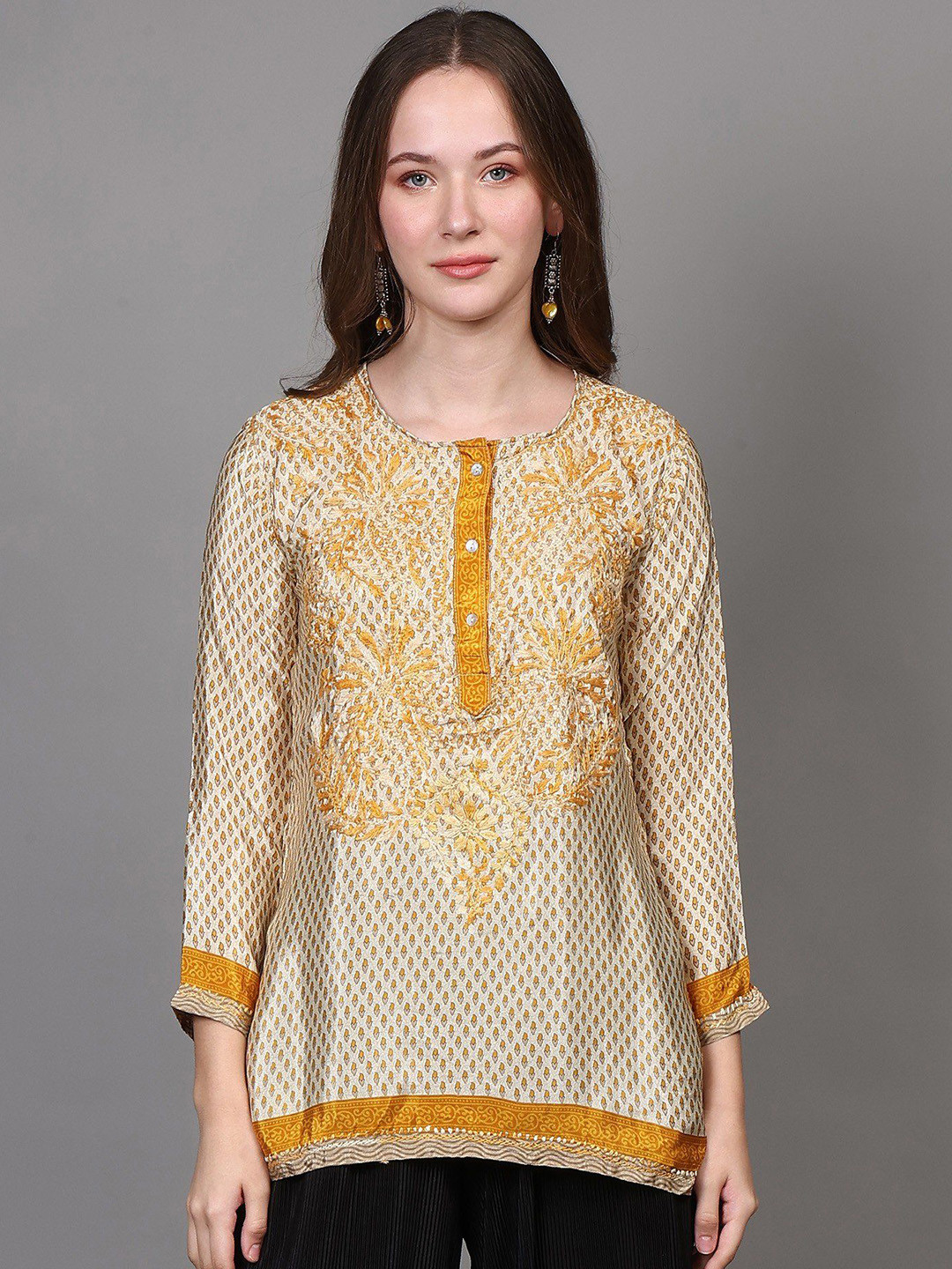 Exotic India Embroidered Crepe Short Kurti with Printed Bootis