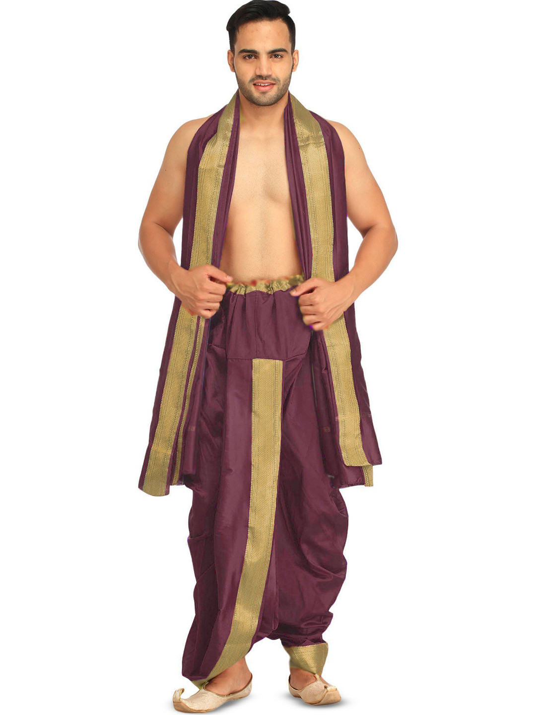 Exotic India Dhoti and Angavastram Set with Wide Golden Border (Ready to Wear)