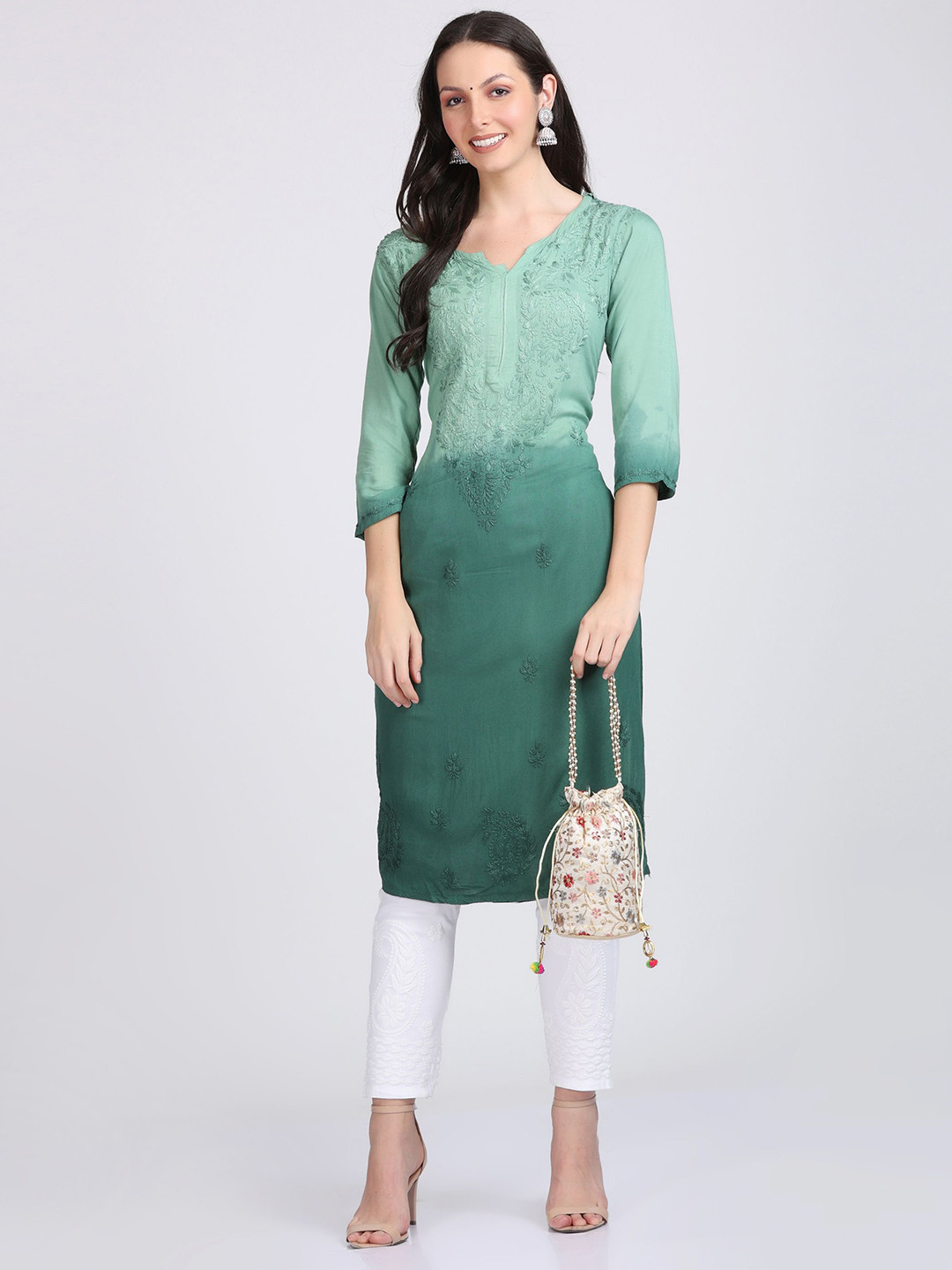 KHAKA Colourblocked Chikankari Notch Neck Straight Kurta