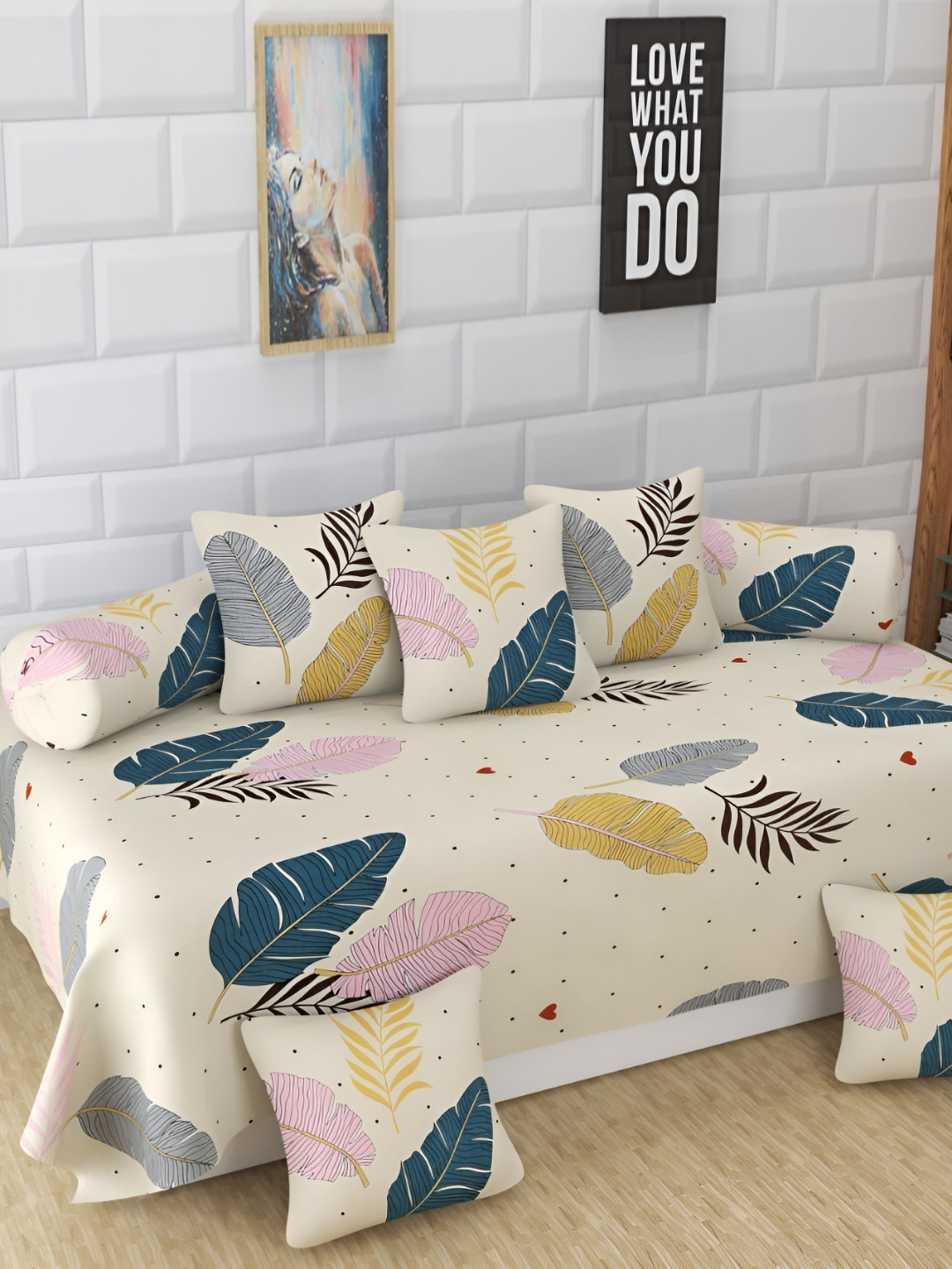 Aura 8 Pcs Cream-Colored & Teal-Blue Printed Cotton Diwan Set