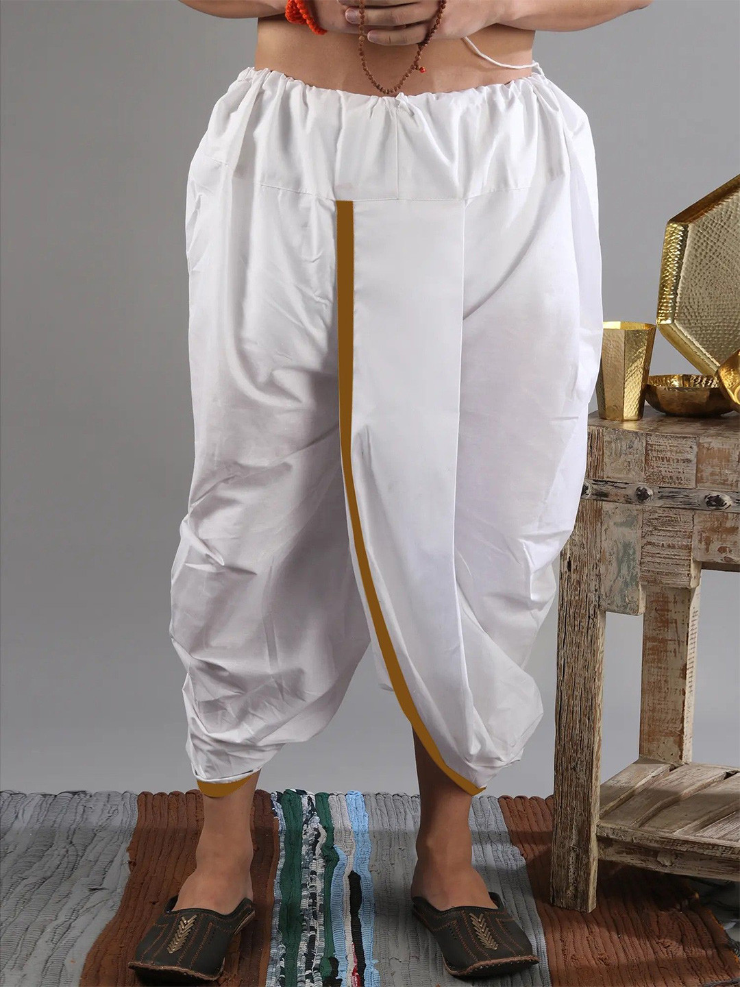 Exotic India Men Ready to Wear Dhoti with Woven Zari Patti from ISKCON Vrindavan by BLISS
