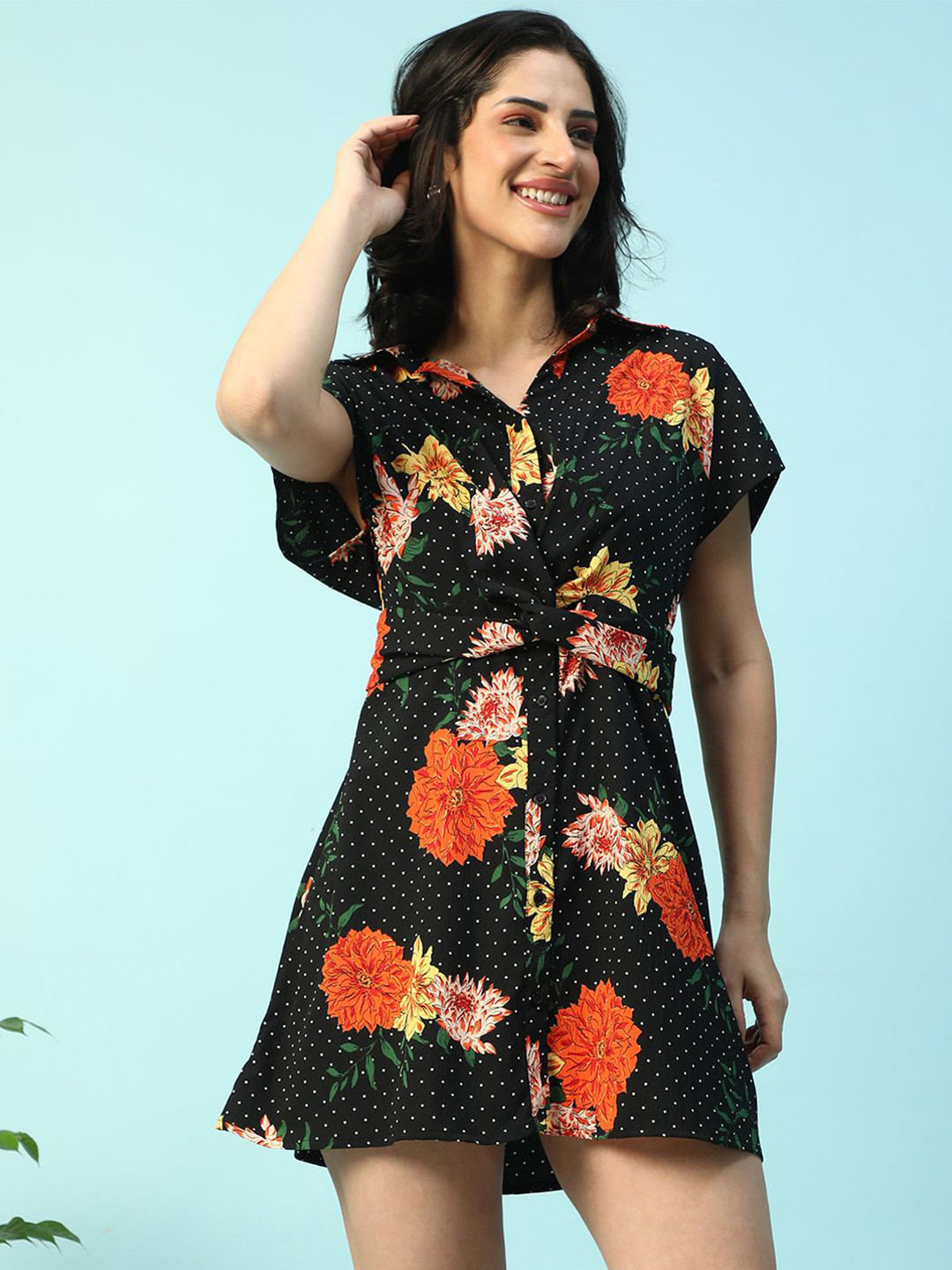 Oxolloxo Women Floral Print With Waist Belt Detail Collared Short Sleeve Button Down Dress
