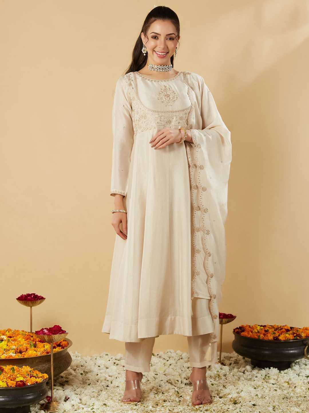 BE IN TEXO FAB Floral Yoke Design Sequinned Vichitra Silk Kurta With Trousers & Dupatta