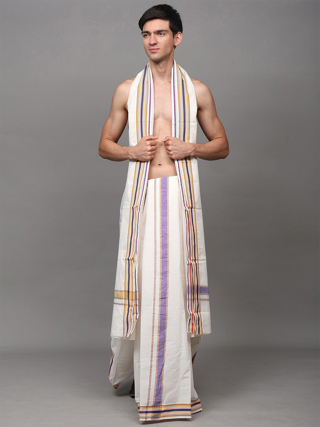 Exotic India Pure Cotton White Dhoti and Angavastram Set with Woven Border
