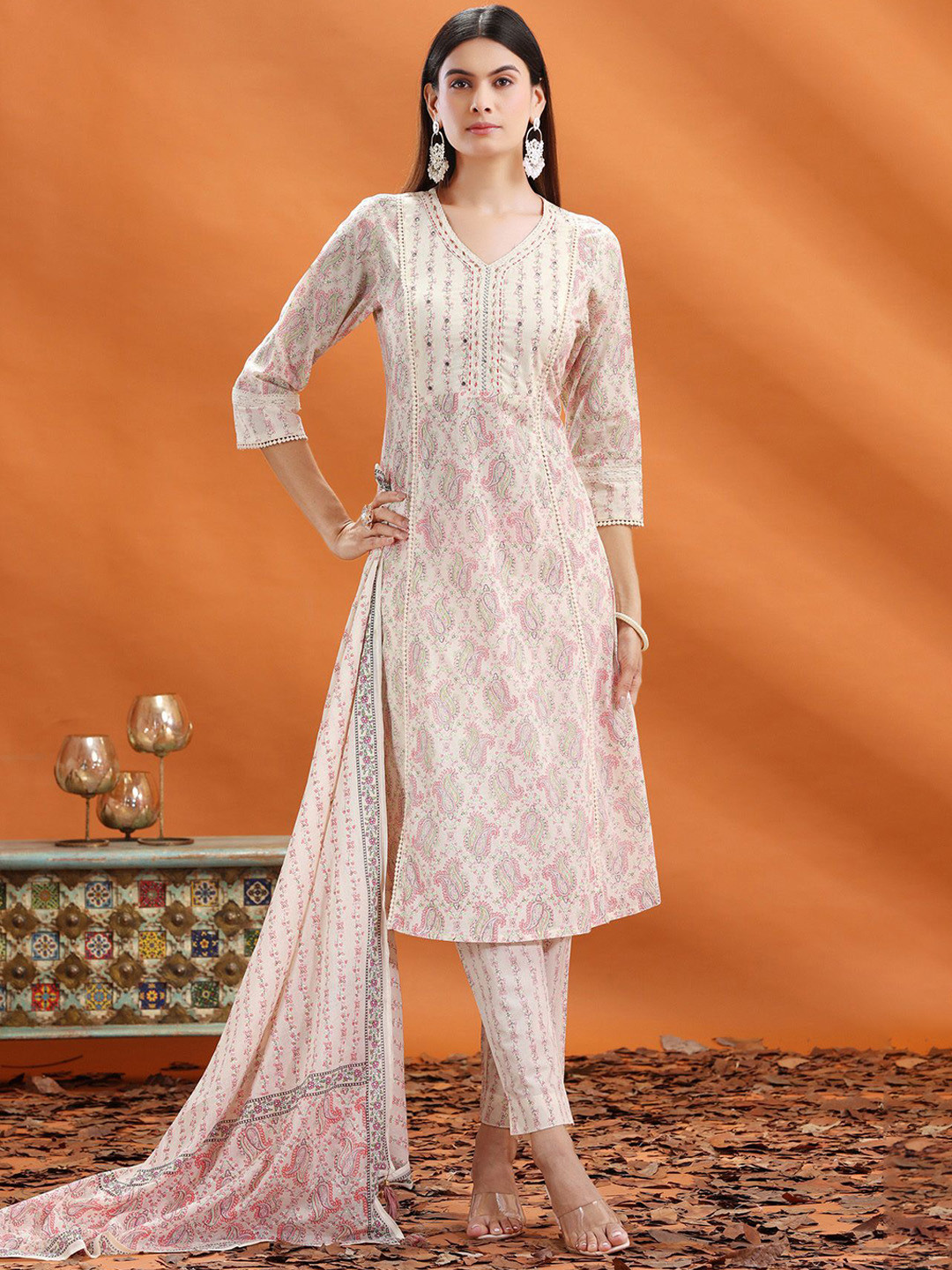 COTTON CULTURE Paisley Printed Mirror Work Jaipuri Cotton Kurta With Trousers & Dupatta