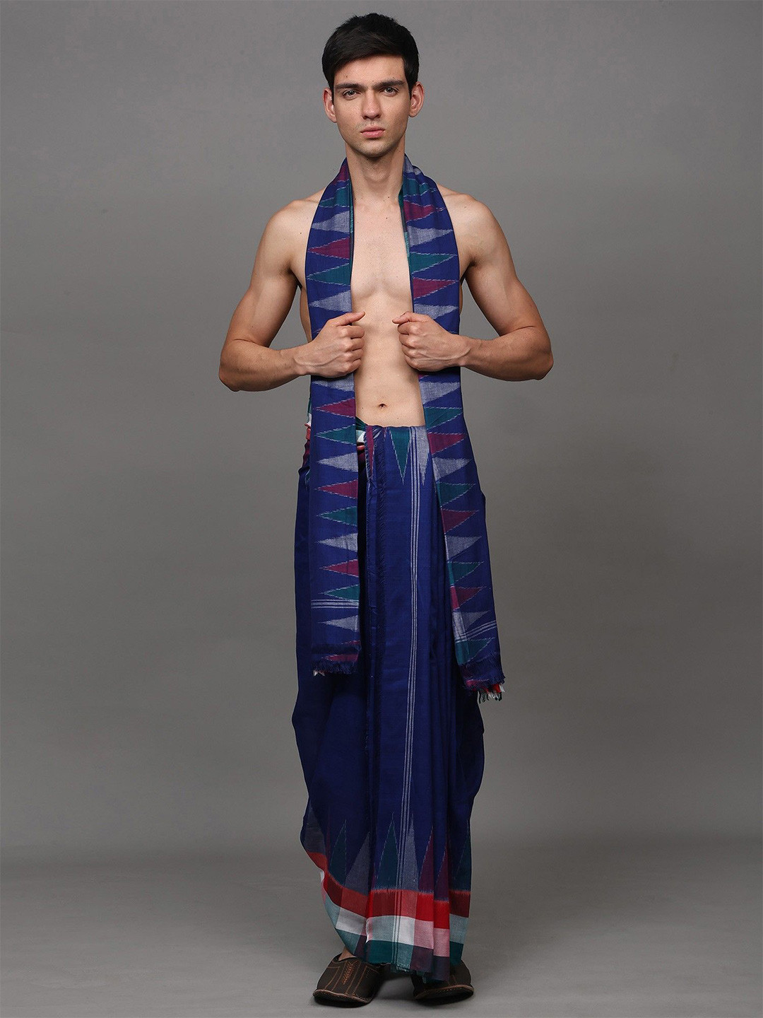 Exotic India Men Pure Cotton Dhoti and Angavastram Set with Woven Temple Border