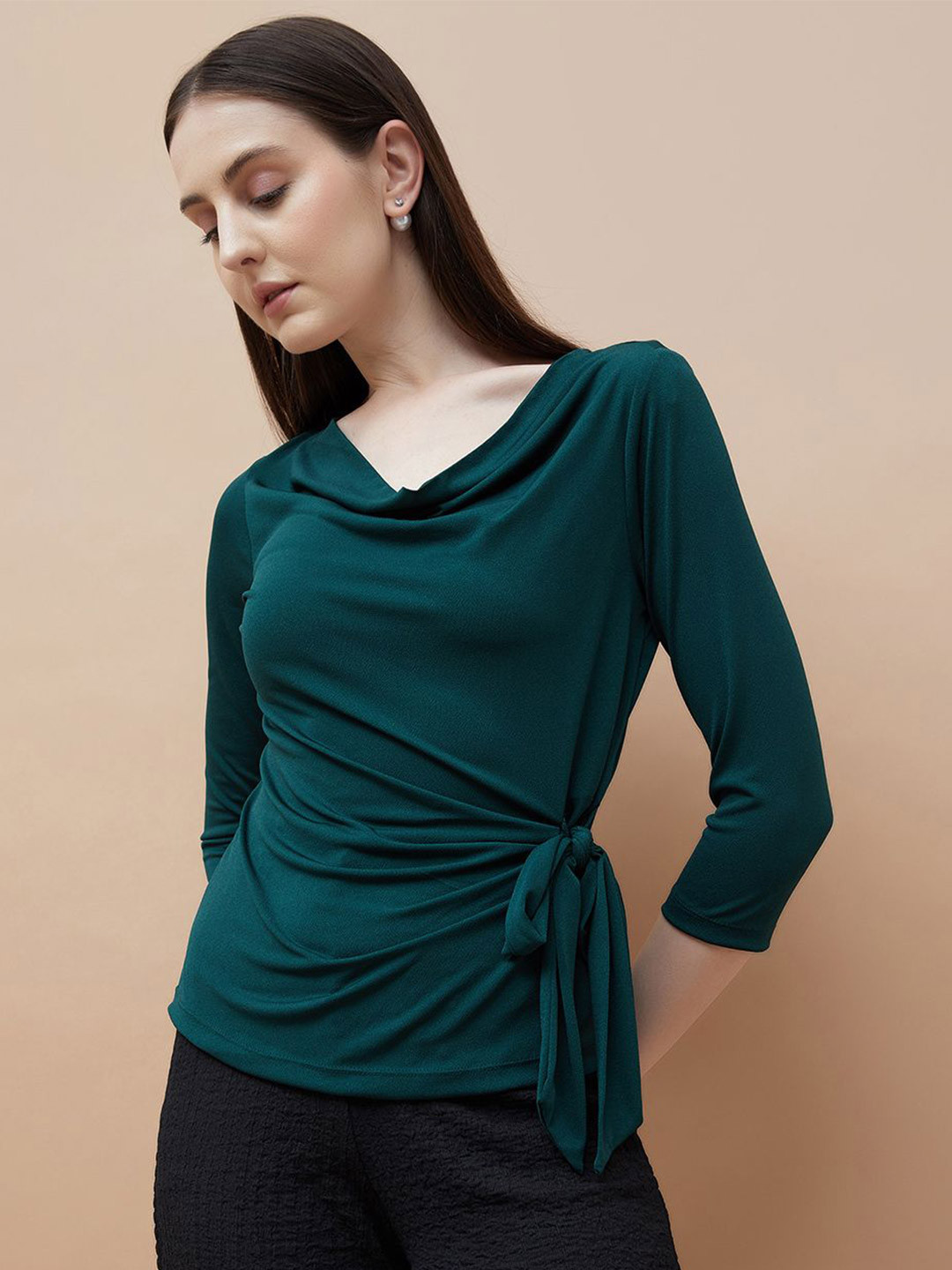 CODE by Lifestyle Women Solid Waist Tie-Ups Cowl Neck Top