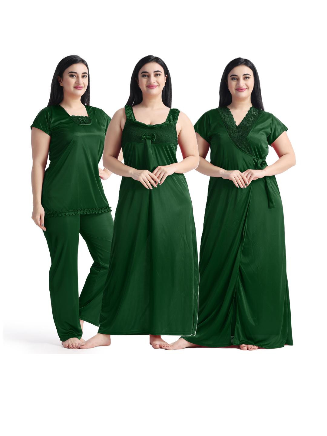 NIGHT KEYS Women Solid Square Neck Maxi Nighty With Robe & Night Suit