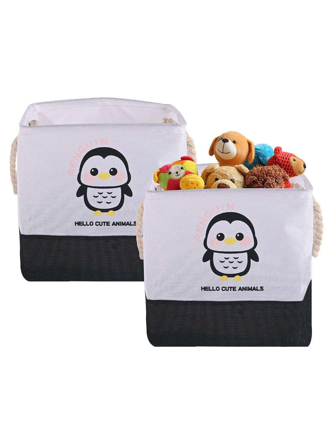 Aura White & Black 2 Pieces Printed Storage Basket With Handle