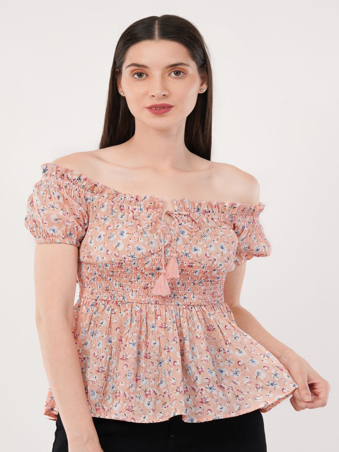 Ekika Women Floral Printed Smocking Off-Shoulder Top