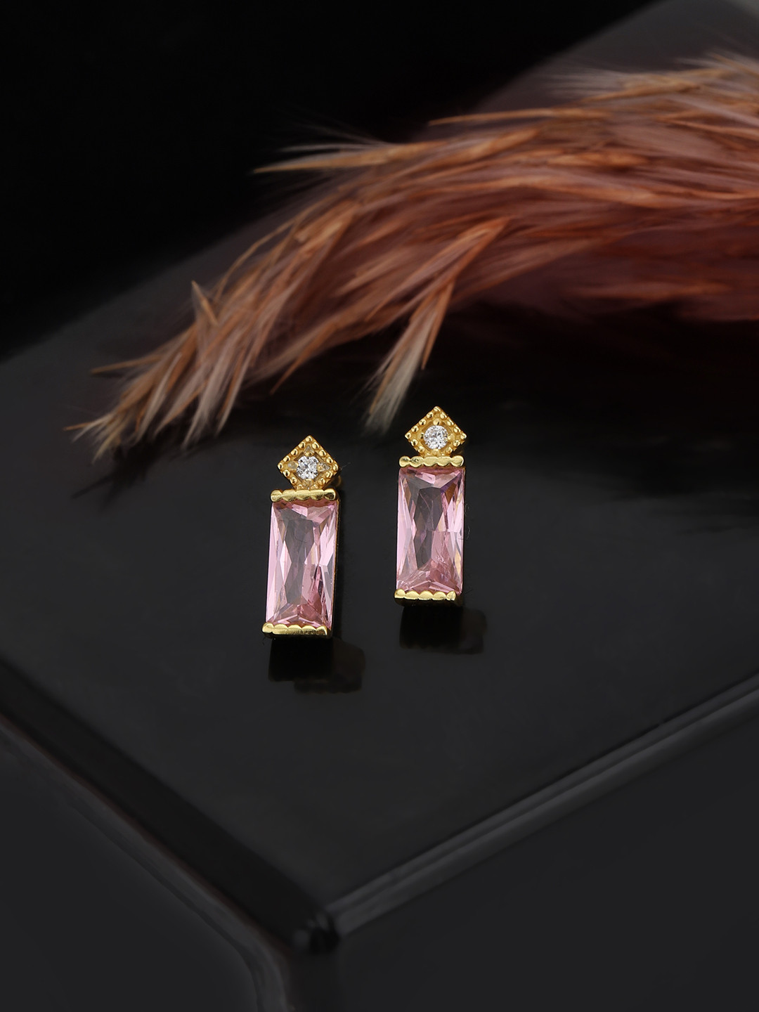 House of Pataudi 925 Sterling Silver 18kt Gold Plated Pink CZ Stud Earring