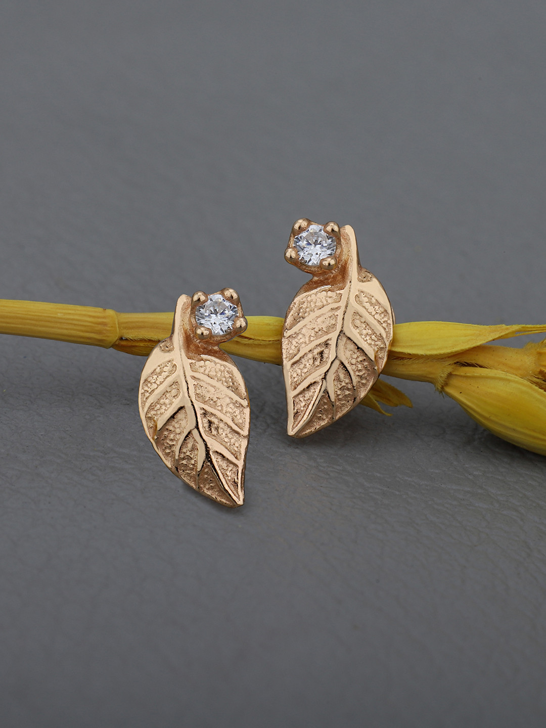 VANBELLE 925 Sterling Silver 18kt Rose Gold Plated CZ Leaf Petite Stud Earring