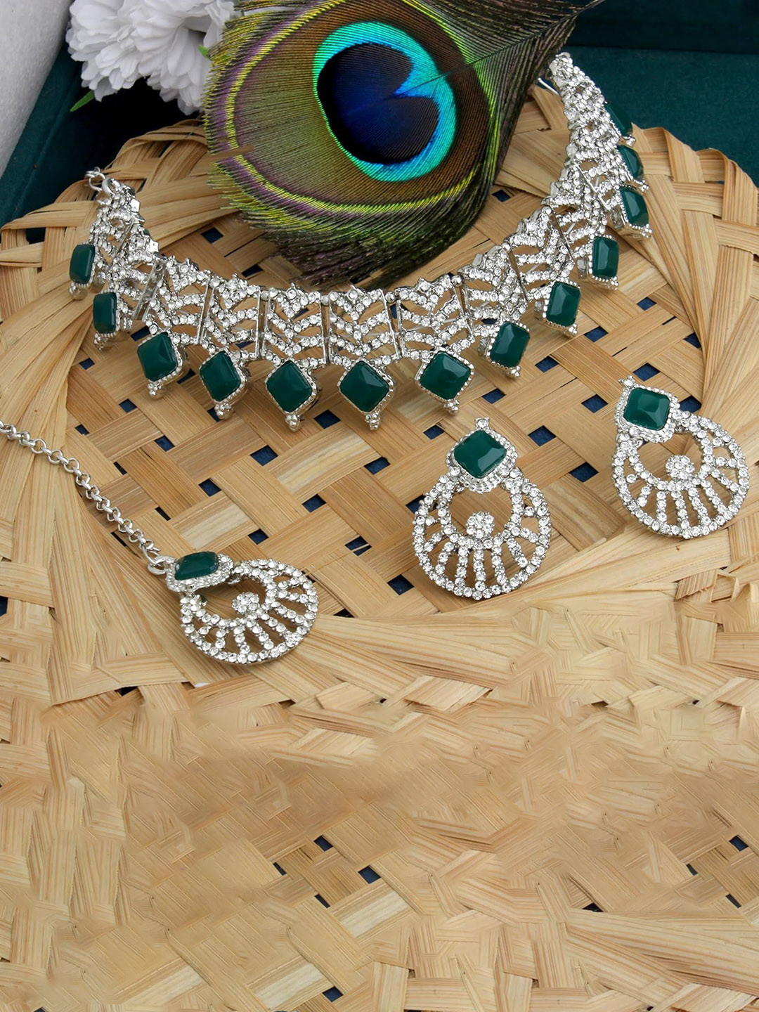 Atasi International Silver-Plated Emerlad Diamond Studded Jewellery Set