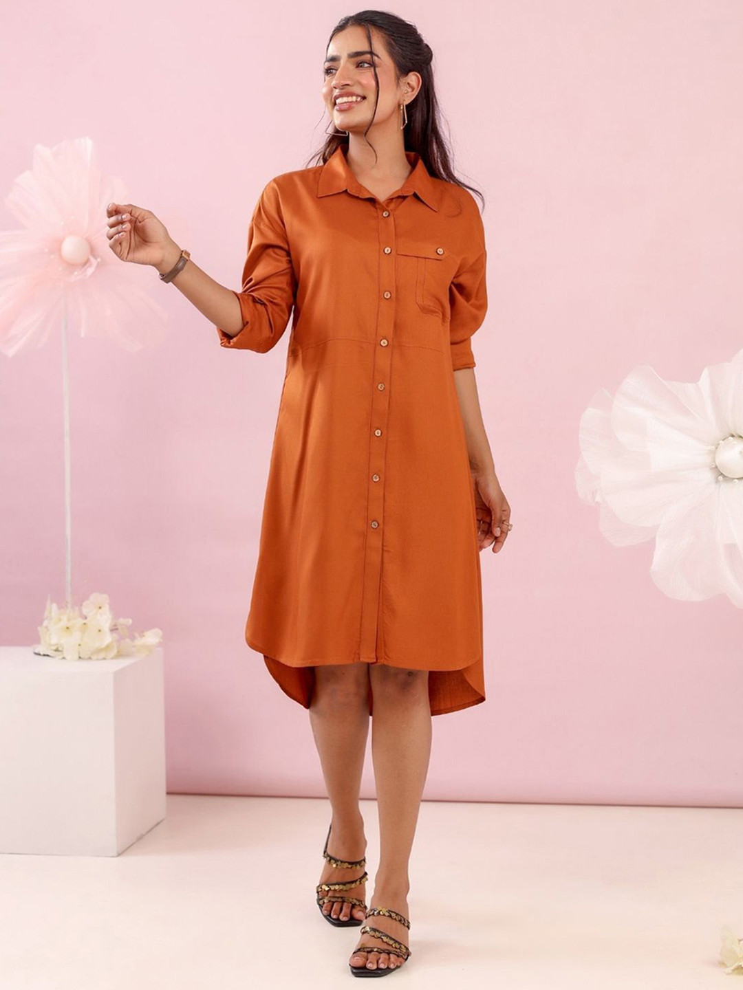 MISRI Women Roll-Up Sleeves Shirt Dress