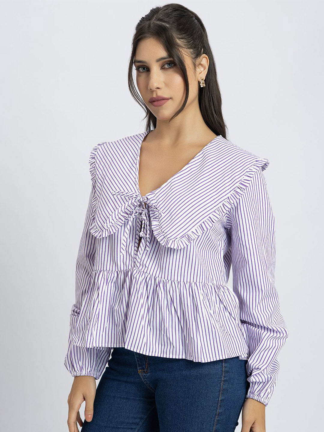 Lounge Dreams Women Striped Puff Sleeve Peplum Top
