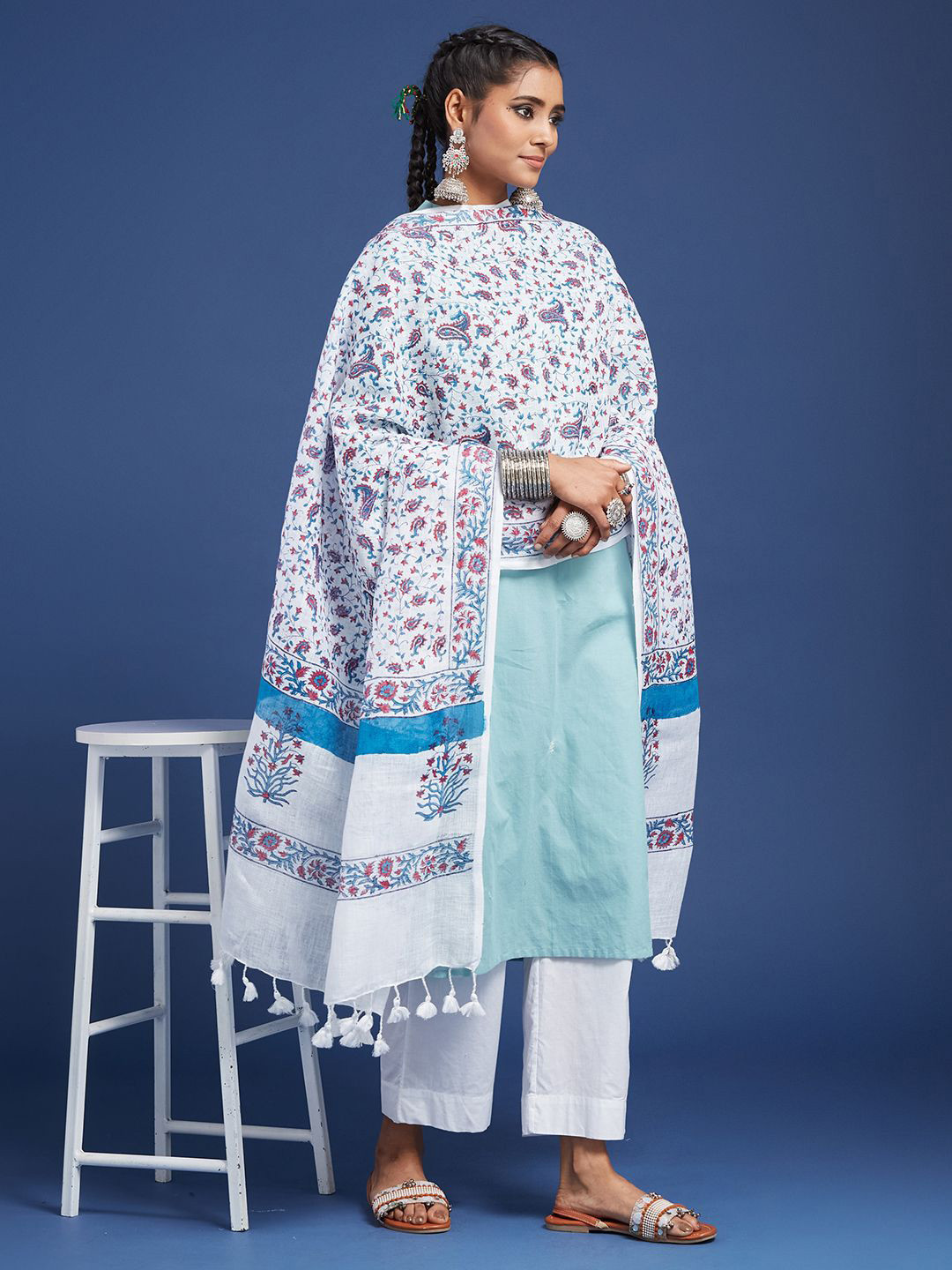 Taavi Floral Block Printed Pom Pom Edgings Linen Dupatta