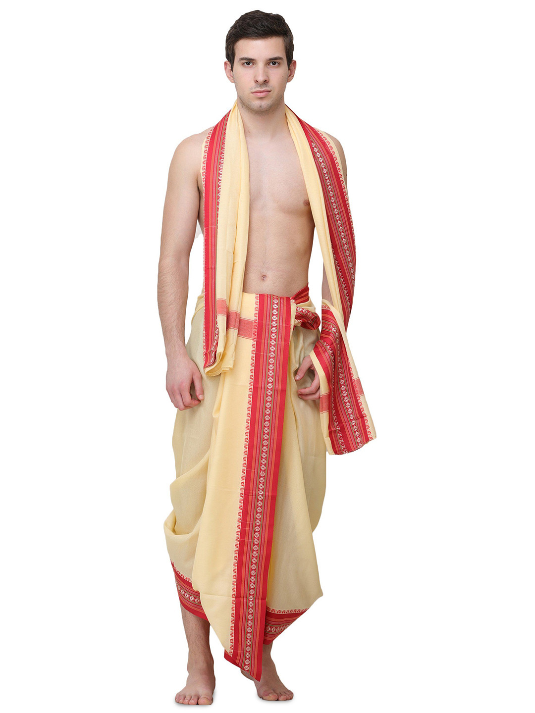 Exotic India Men Viscose Dhoti and Veshti Set with Temple Border