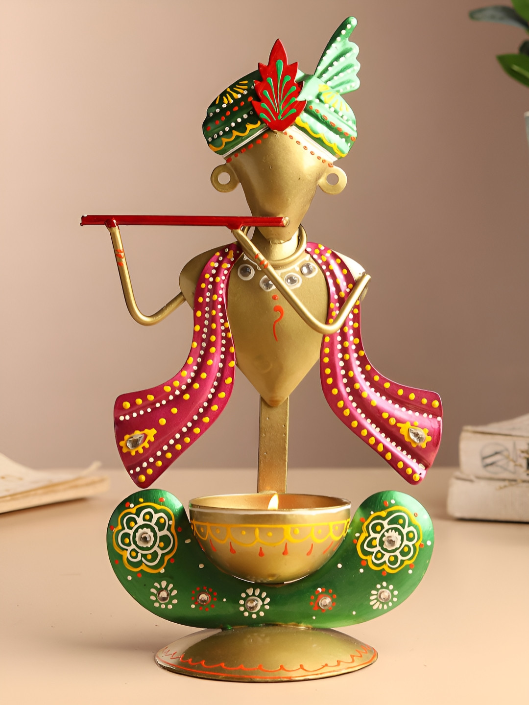HABERE INDIA Gold-Toned & Pink Krishna Statue Tea Light Candle Holder