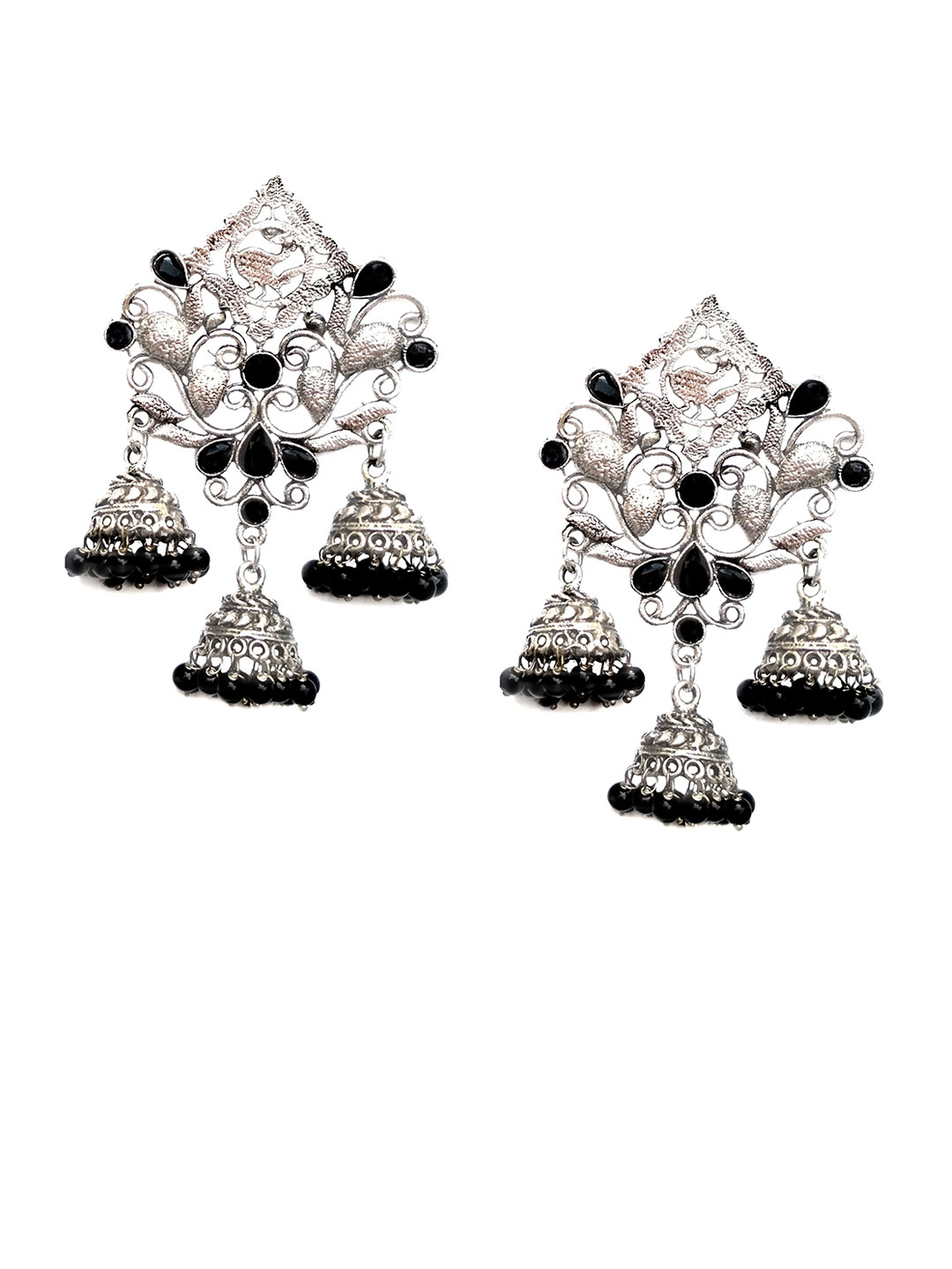 Bevy Pearls Artificial Stones Studded And Beaded Oxidised Contemporary Drop Earrings