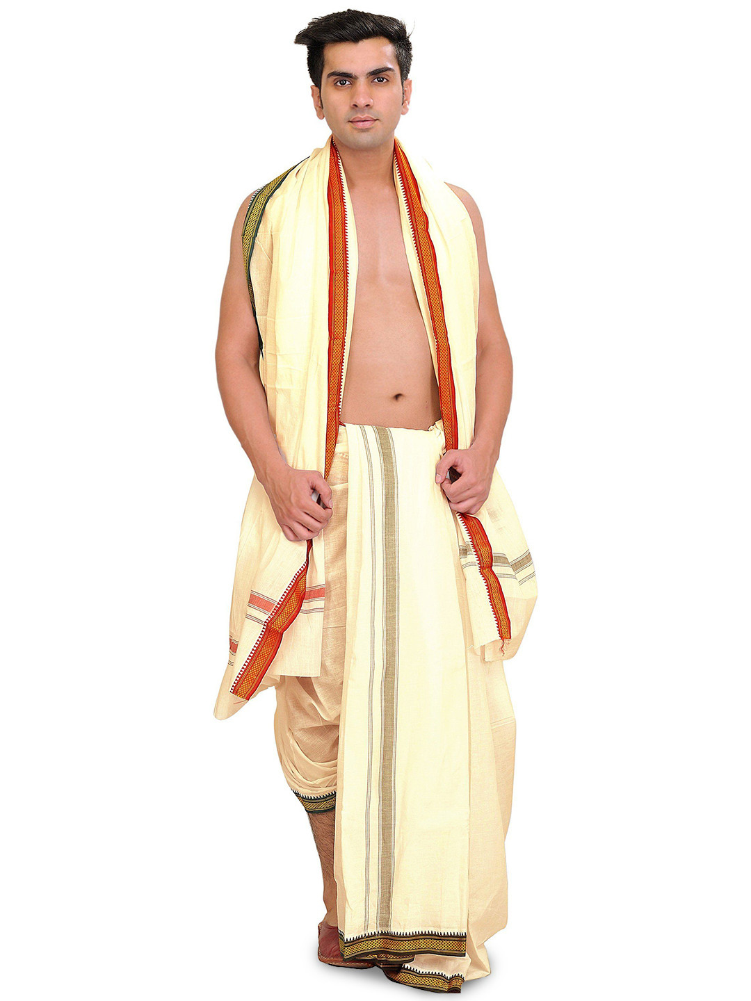 Exotic India Pure Cotton Ready to Wear Dhoti and Angavastram Set with Woven Temple Border