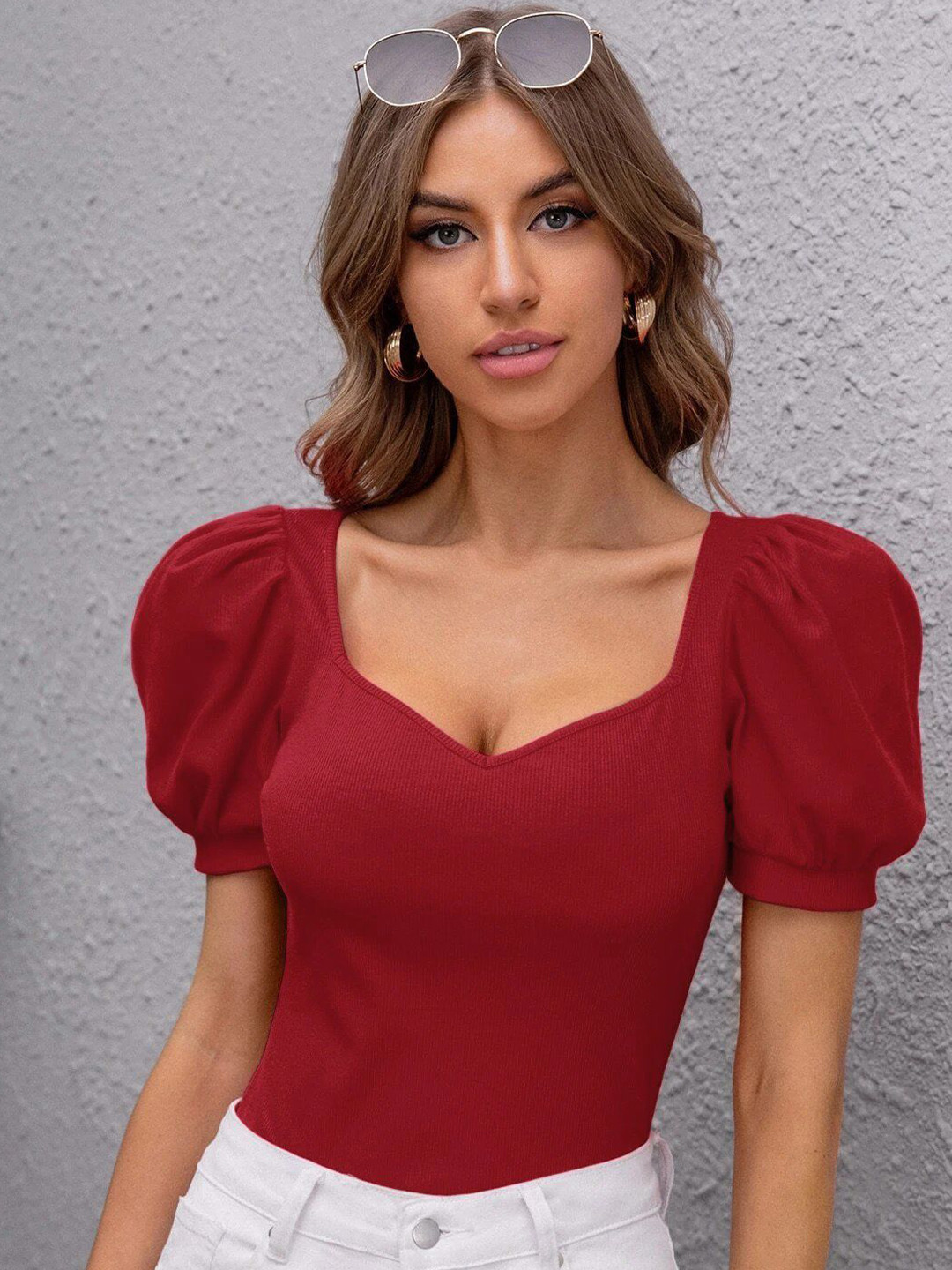 FERY LONDON Women Ribbed Sweetheart Neck Regular Top