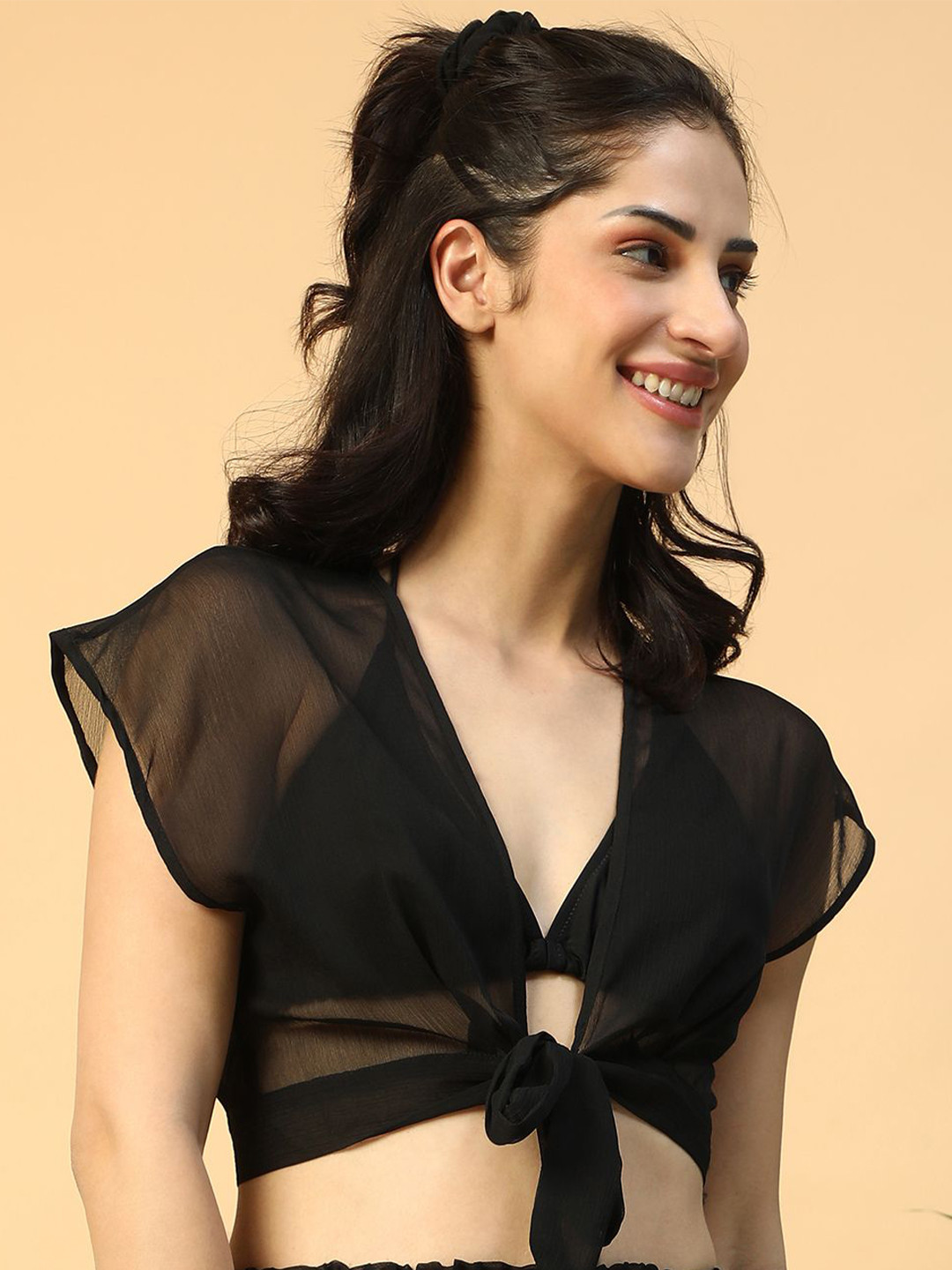 Oxolloxo Women Solid V-Neck Short Sleeve Tie-Up Knot Detail Beachwear Crop Top