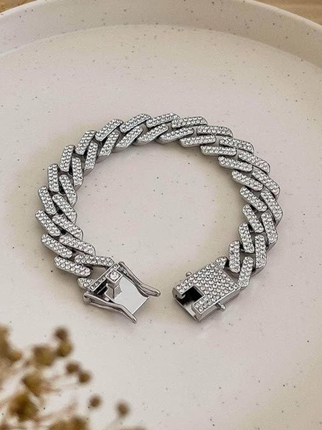 Lovemi Movements Unisex Silver-Plated Stainless Steel Cubic Zirconia Studded Link Bracelet