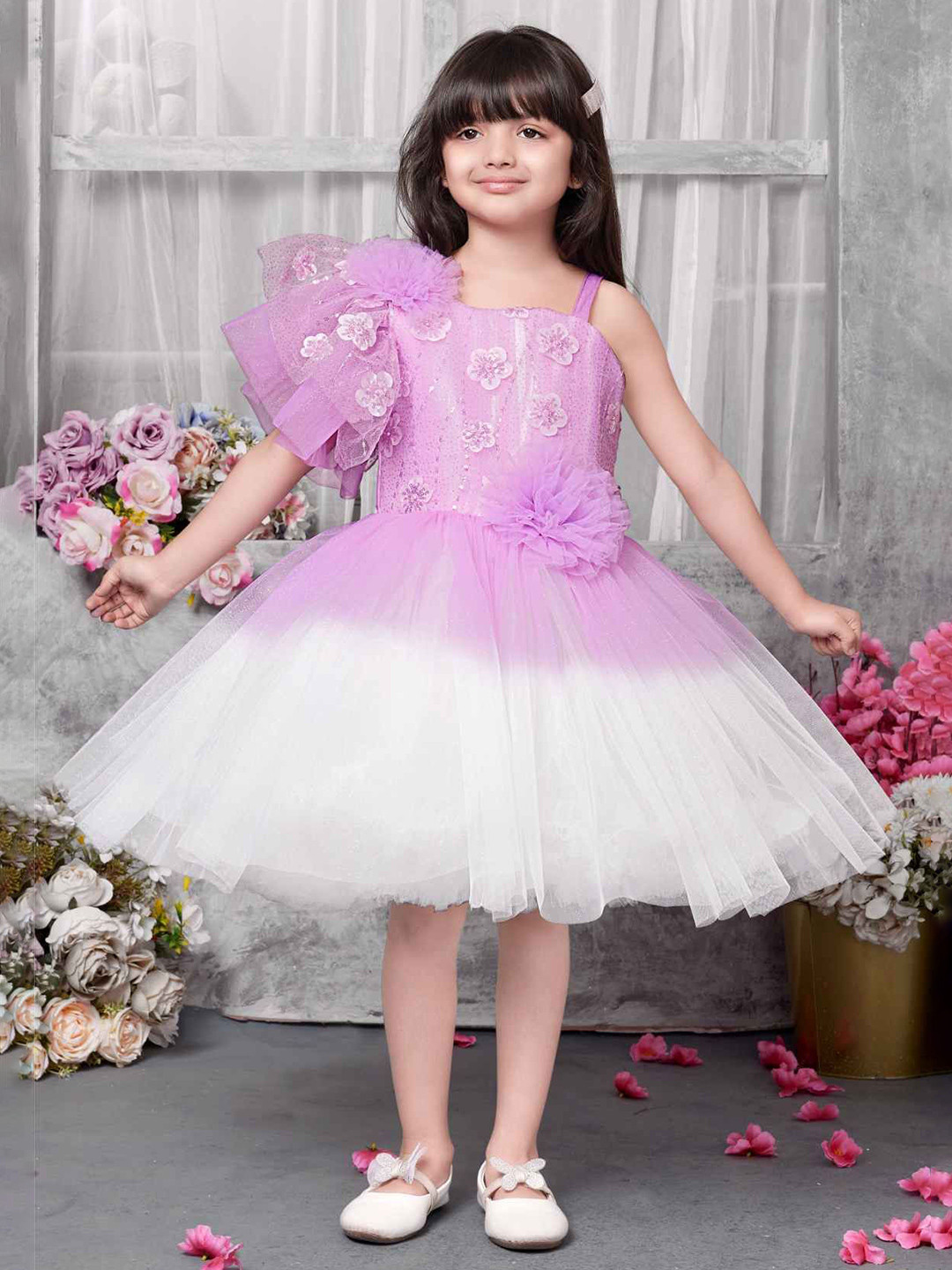 Lagorii Girls Lavender Ombre Layered Party Wear Frock With 3D Floral Embellishment