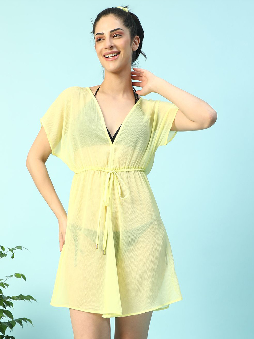 Oxolloxo Women Solid V-Neck Short Sleeve With Tie-Up Detail Knee-Length Beachwear Kaftan