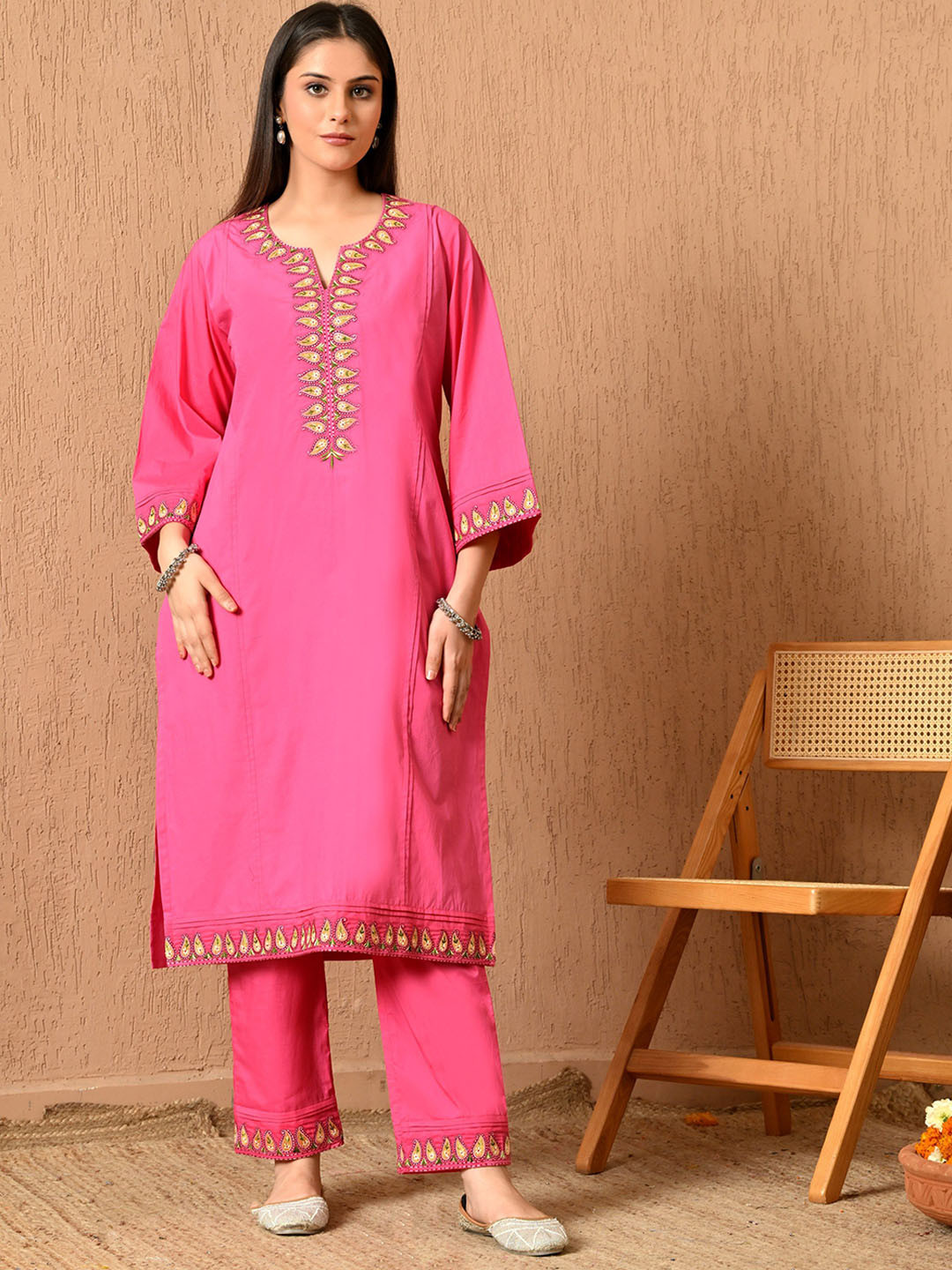 KELIN Women Solid Embroidered Regular Thread Work Pure Cotton Kurti with Trousers