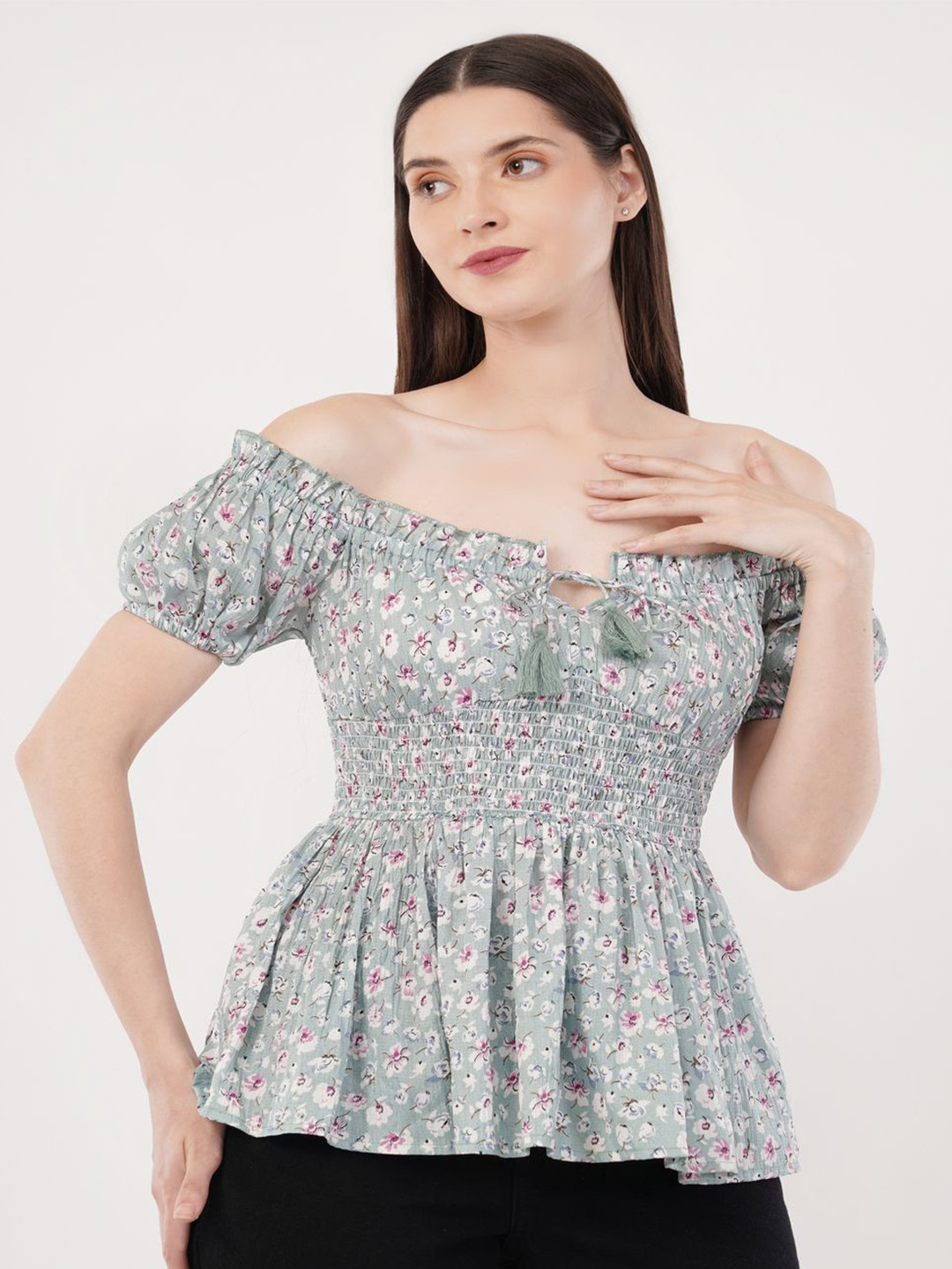 Ekika Women Floral Printed Smocking Off-Shoulder Top