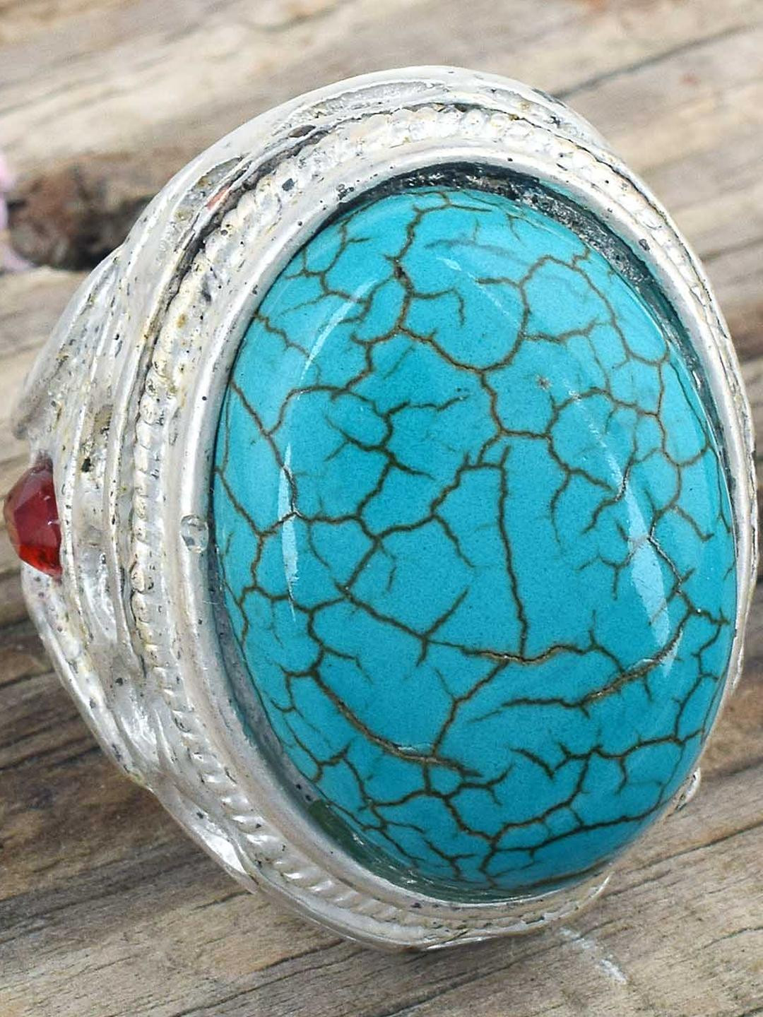 MEMOIR Brass Silver Plated Turquoise Firoza Finger Ring