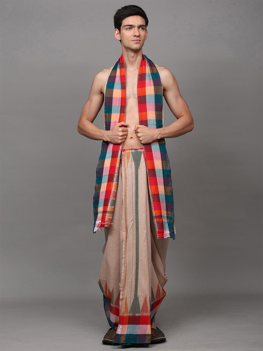 Exotic India Men Pure Cotton Dhoti and Angavastram Set with Woven Temple Border