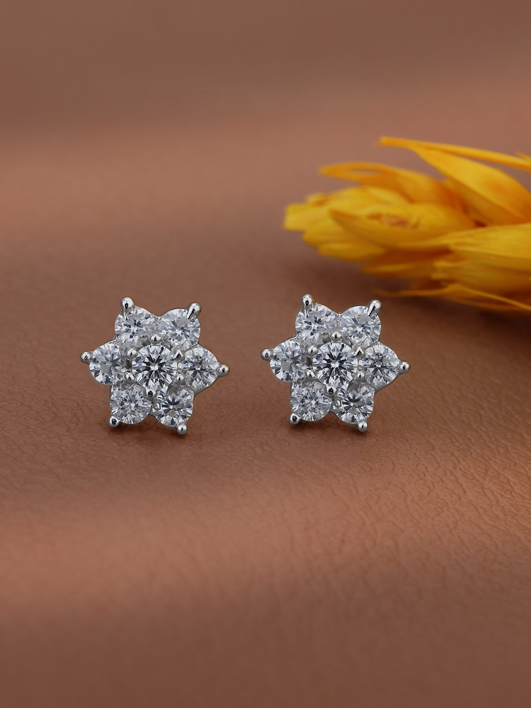 VANBELLE 925 Sterling Silver Rhodium Plated CZ Floral Petite Stud Earring