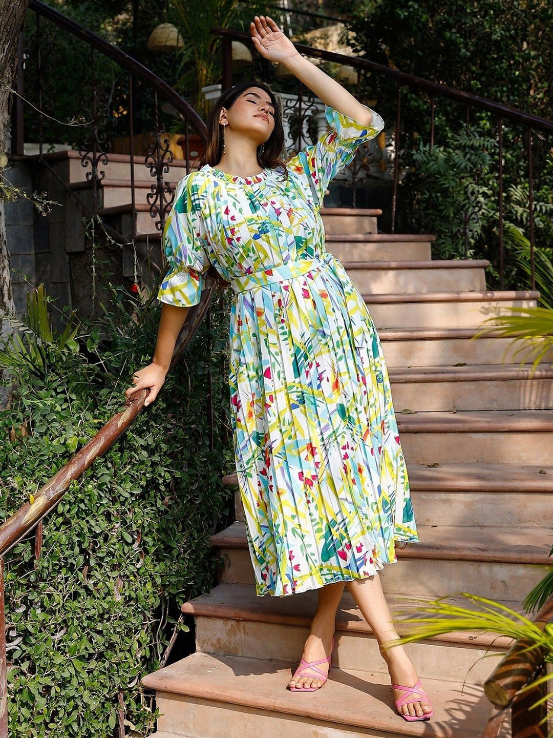 NOUN Women Floral Print Gathered or Pleated Fit & Flare Dress