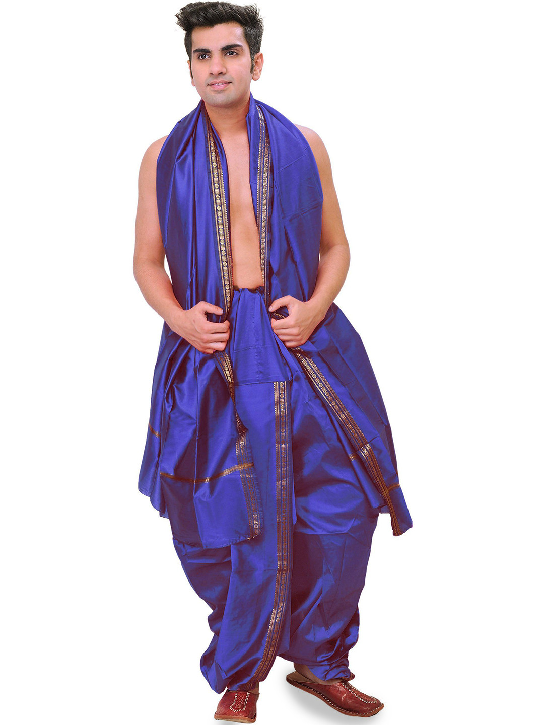 Exotic India Men Woven Golden Border Ready to Wear Dhoti and Angavastram Set