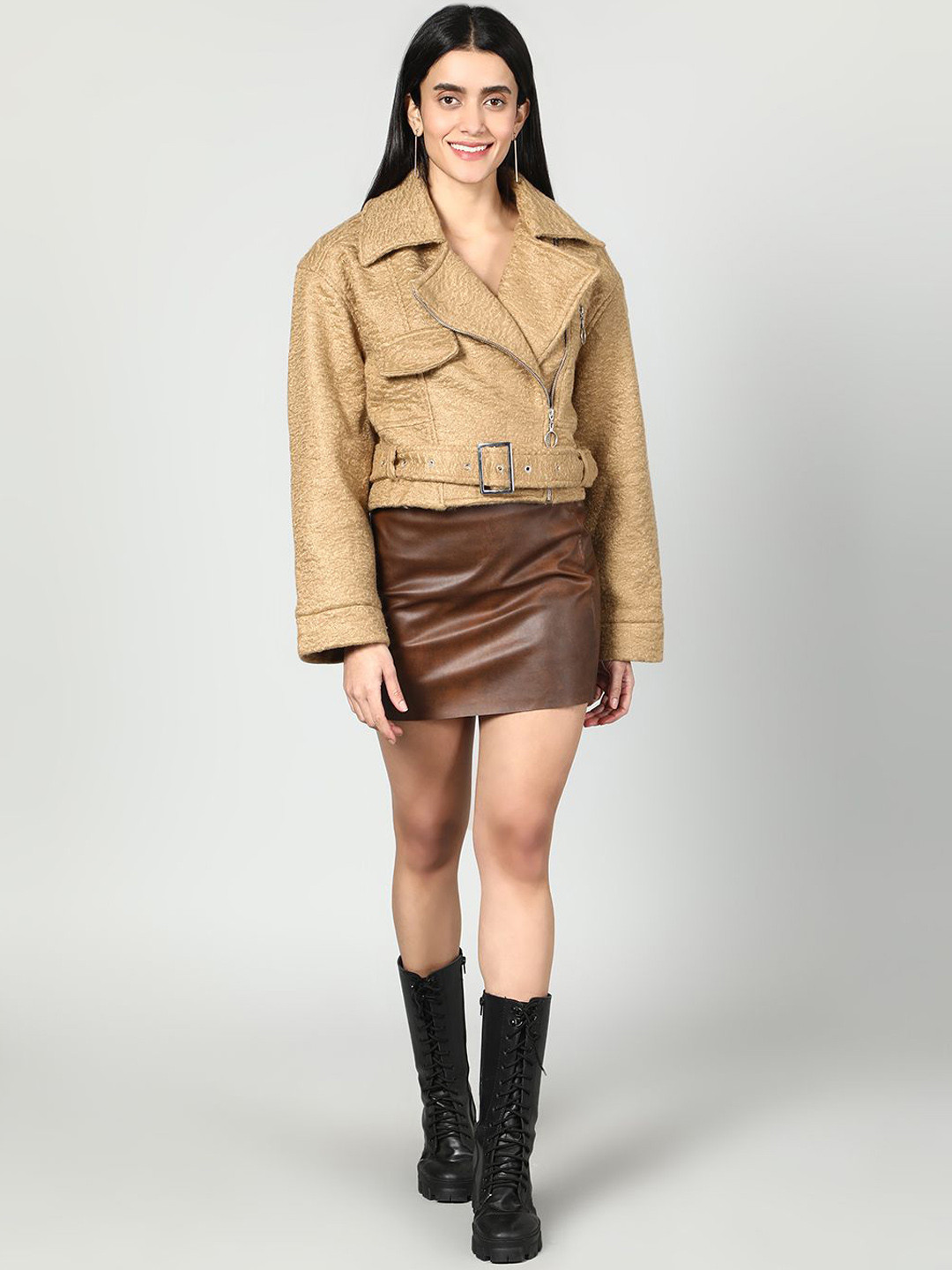 Fashion Gaiia Women Solid Leather Knitted Jacket