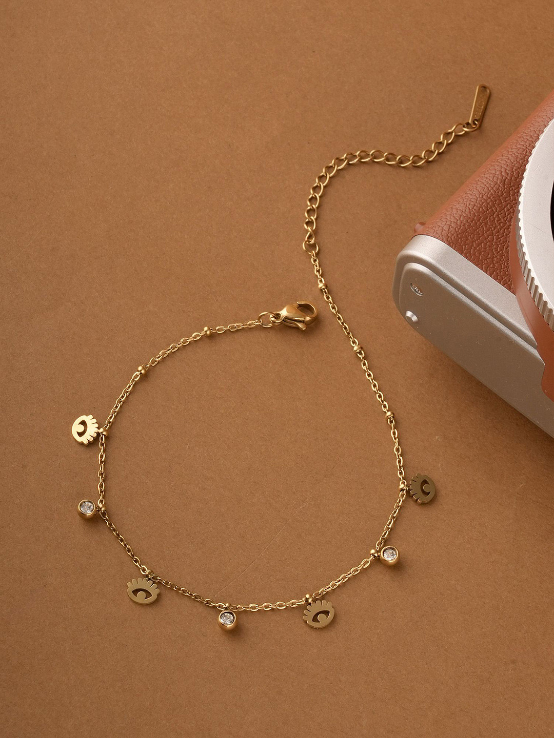 PALMONAS Gold-Plated Stainless Steel Dangle Motif Crystal Waterproof & Anti-Tarnish Anklet